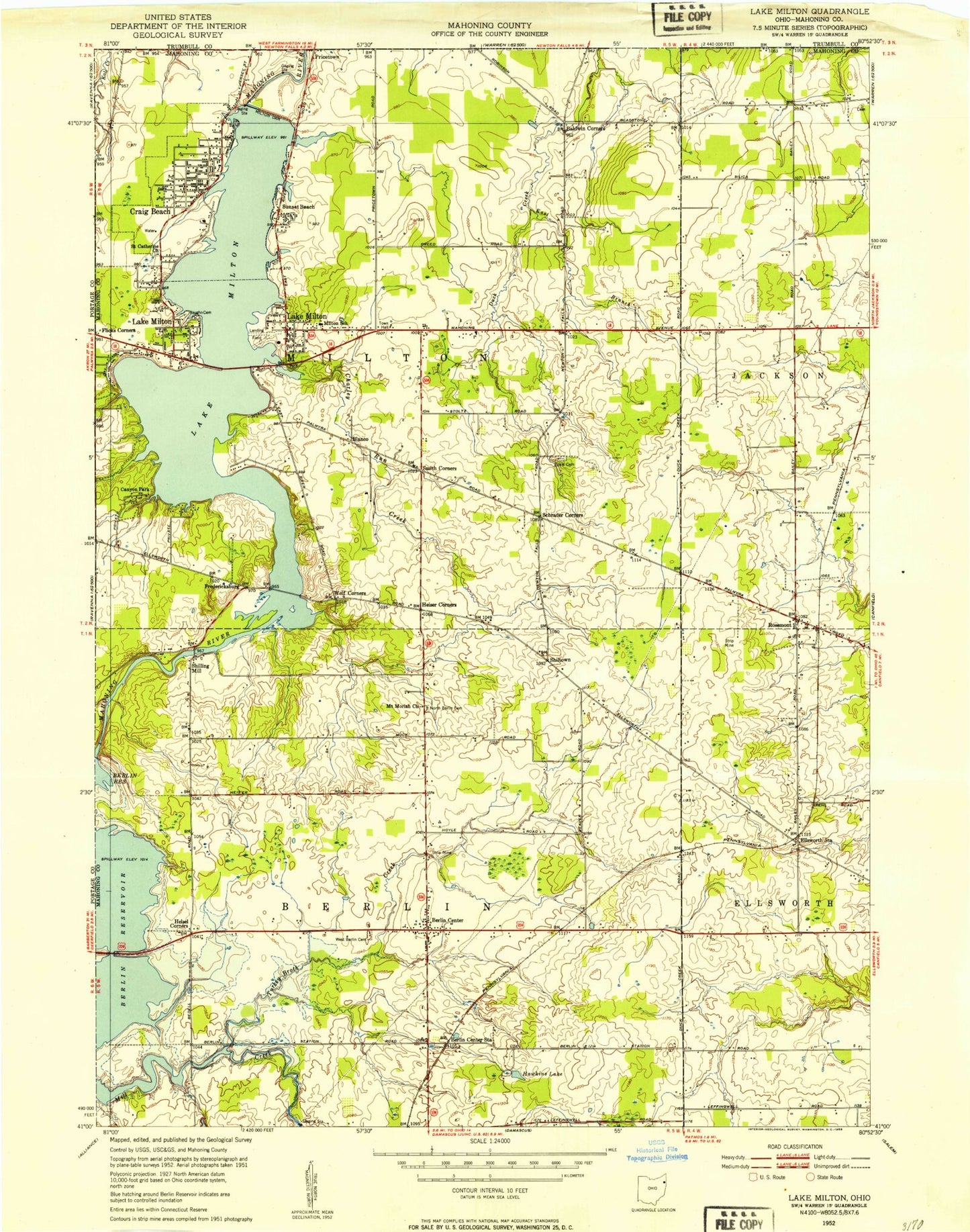 Classic USGS Lake Milton Ohio 7.5'x7.5' Topo Map Image