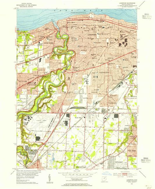 Classic USGS Lakewood Ohio 7.5'x7.5' Topo Map Image