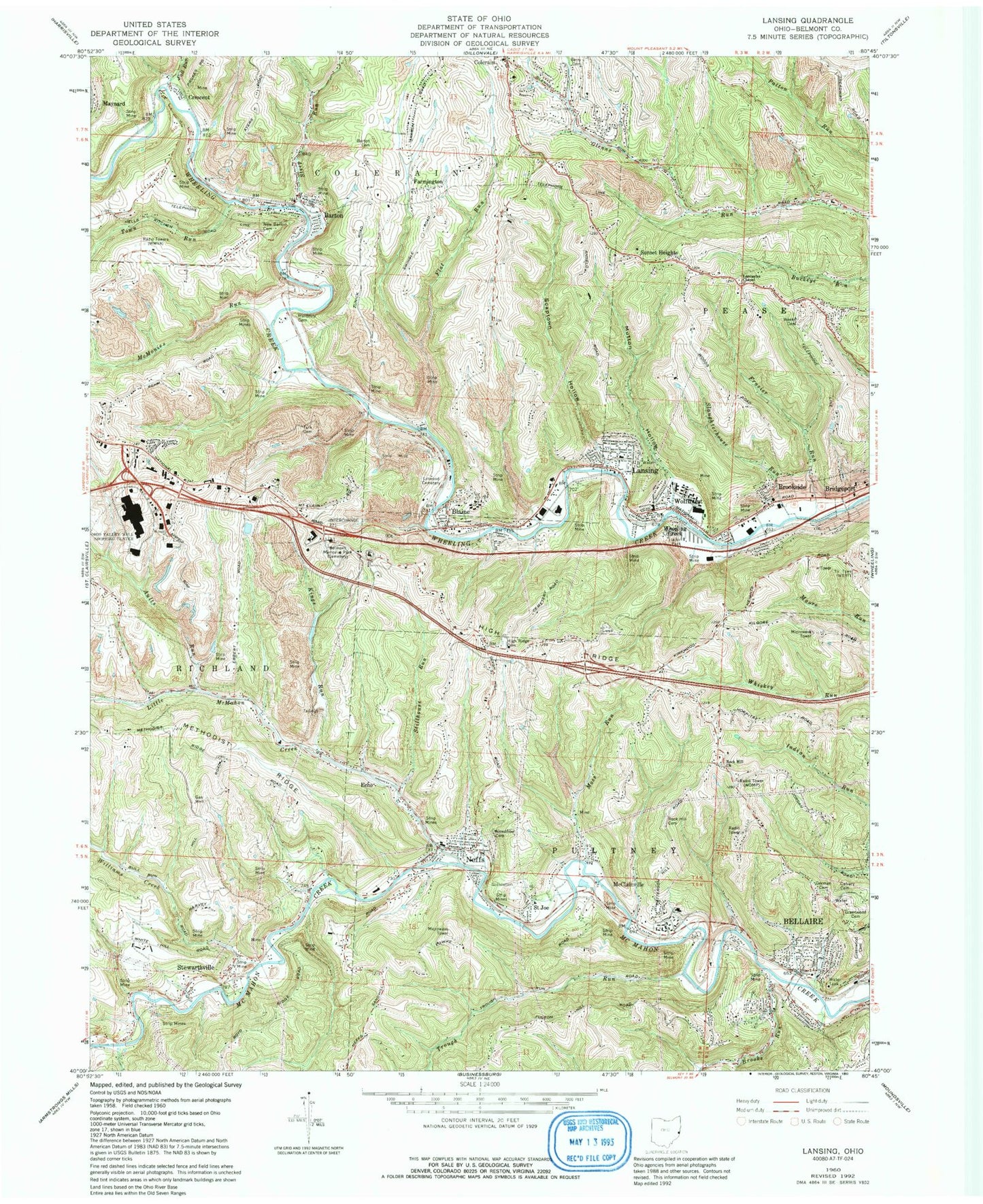 Classic USGS Lansing Ohio 7.5'x7.5' Topo Map Image
