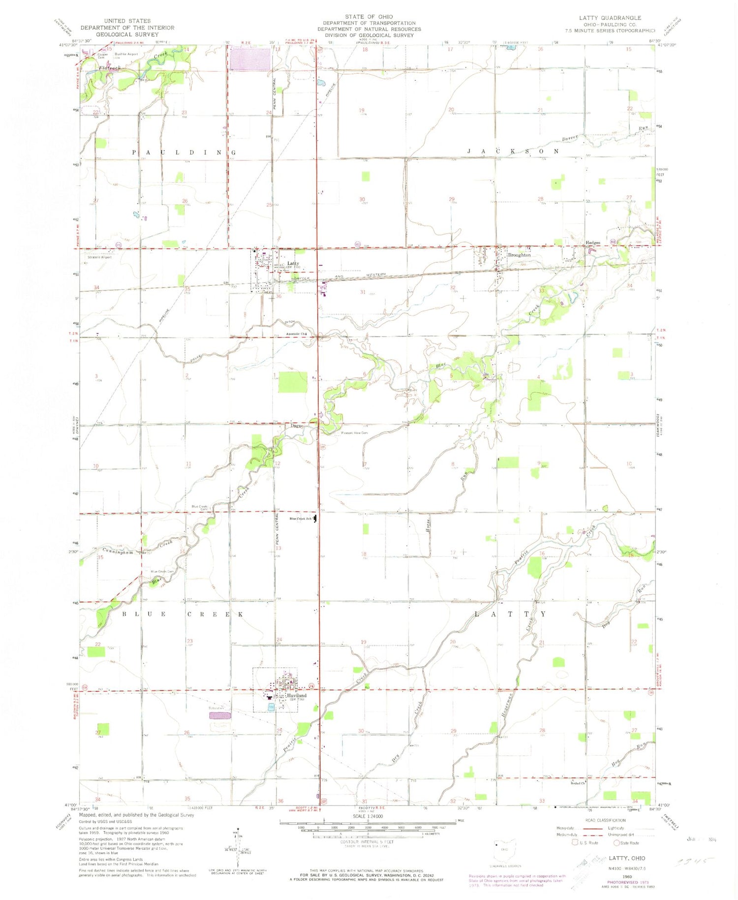 Classic USGS Latty Ohio 7.5'x7.5' Topo Map Image