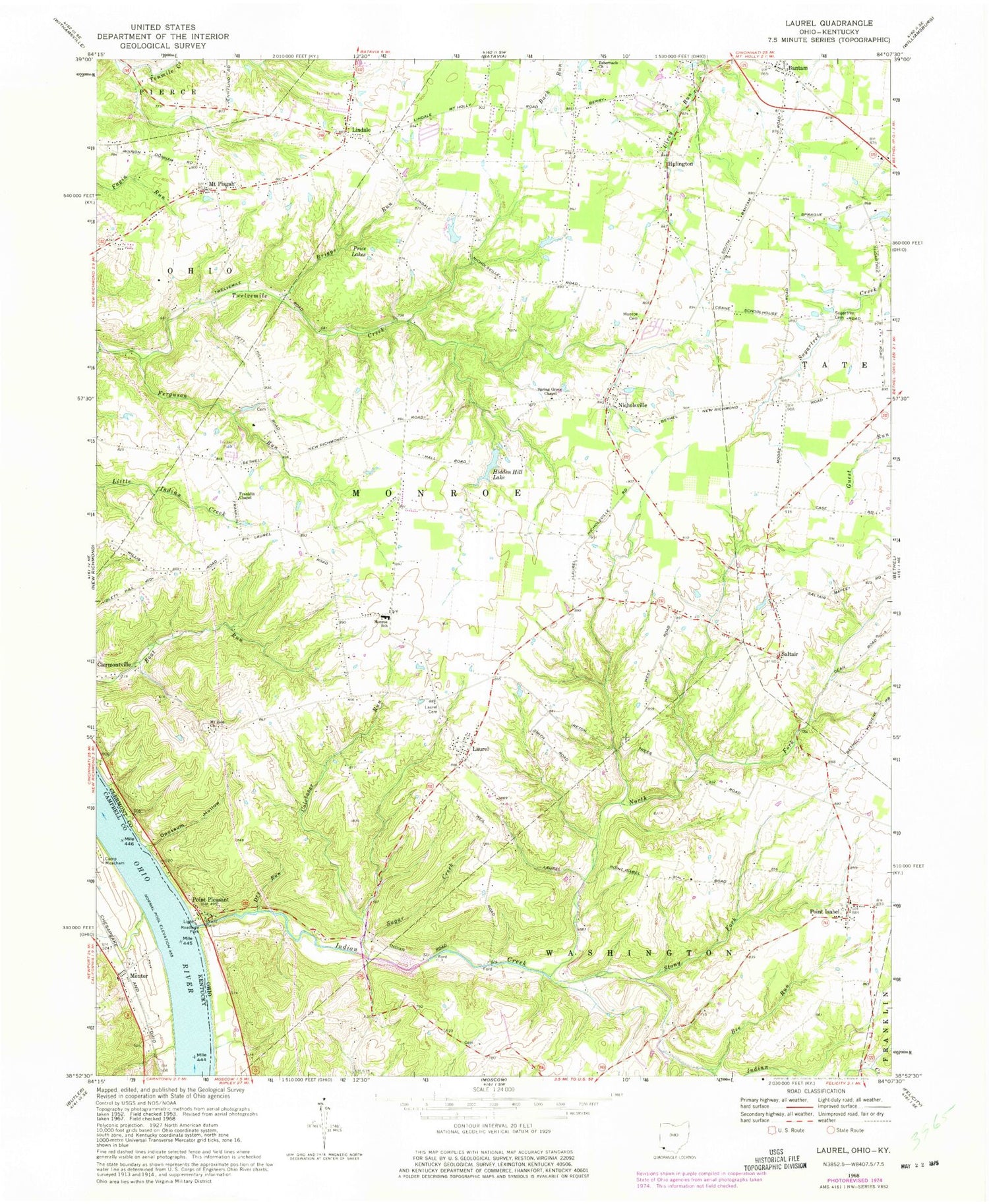 Classic USGS Laurel Ohio 7.5'x7.5' Topo Map Image