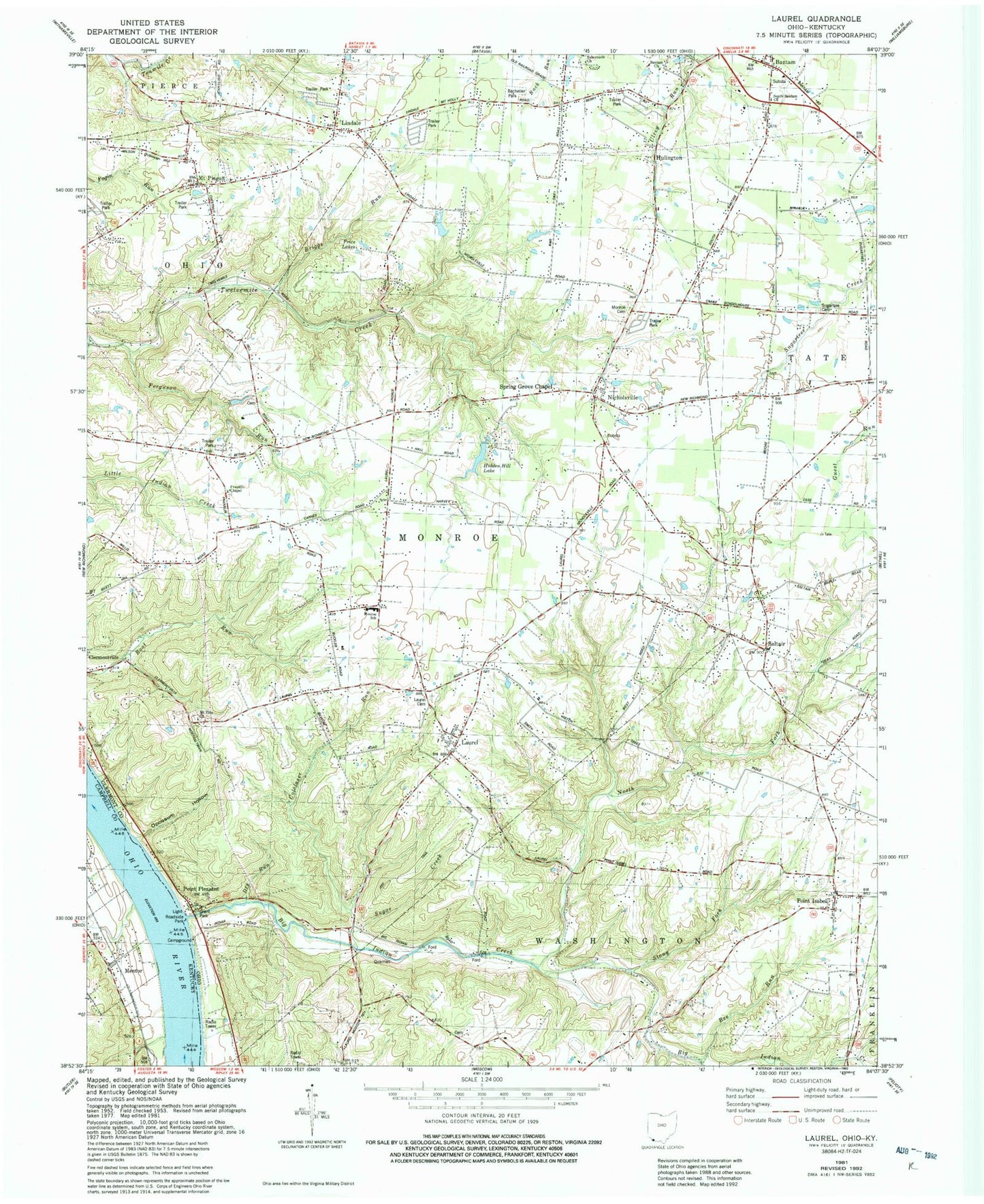 Classic USGS Laurel Ohio 7.5'x7.5' Topo Map Image
