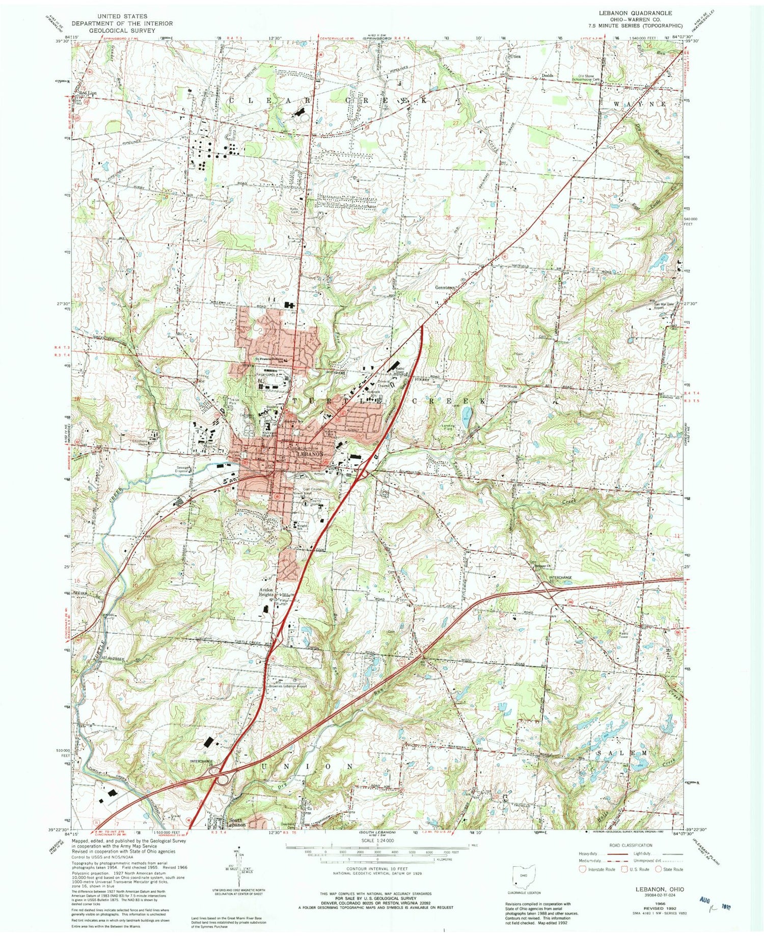 Classic USGS Lebanon Ohio 7.5'x7.5' Topo Map Image