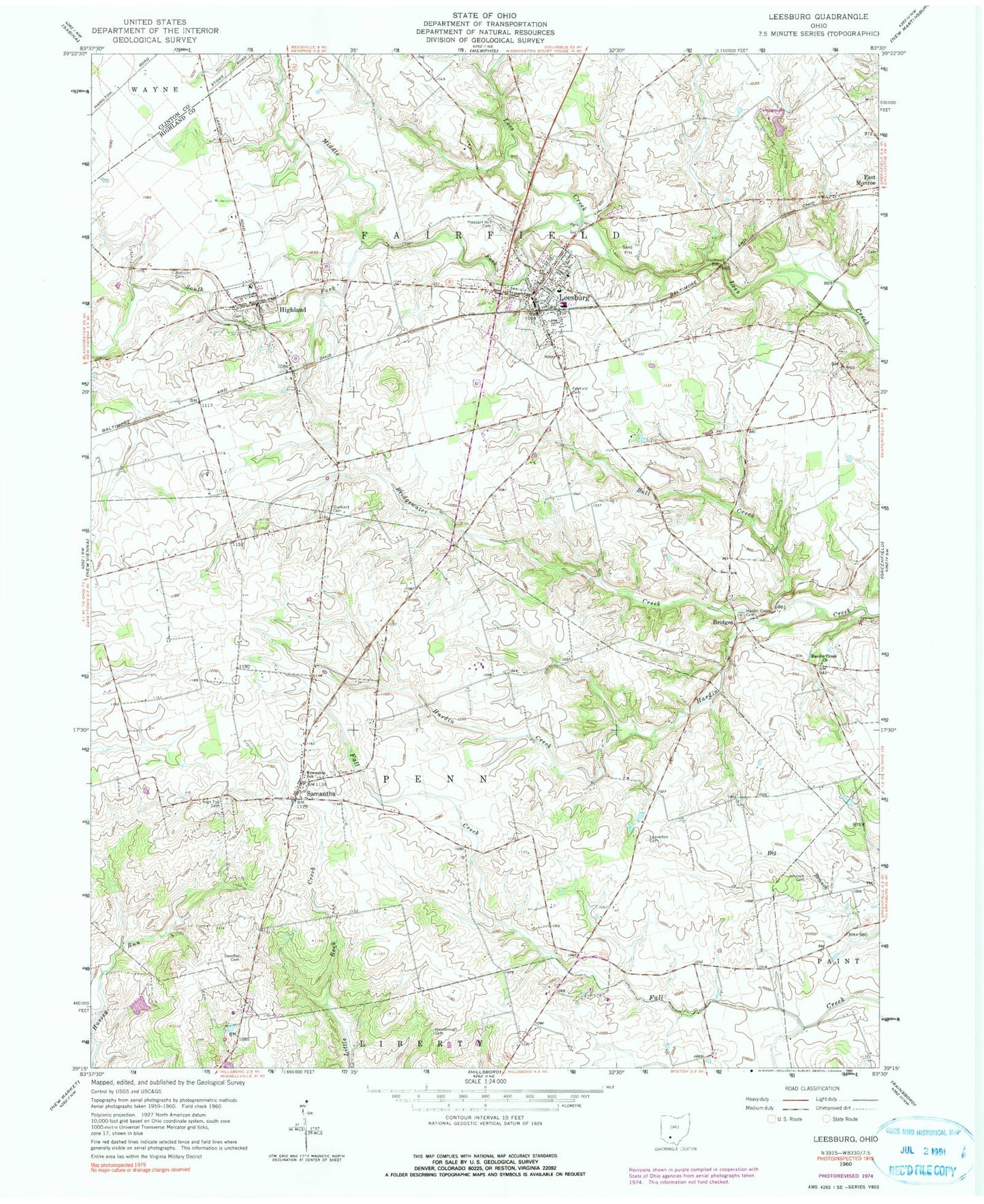 Classic USGS Leesburg Ohio 7.5'x7.5' Topo Map Image