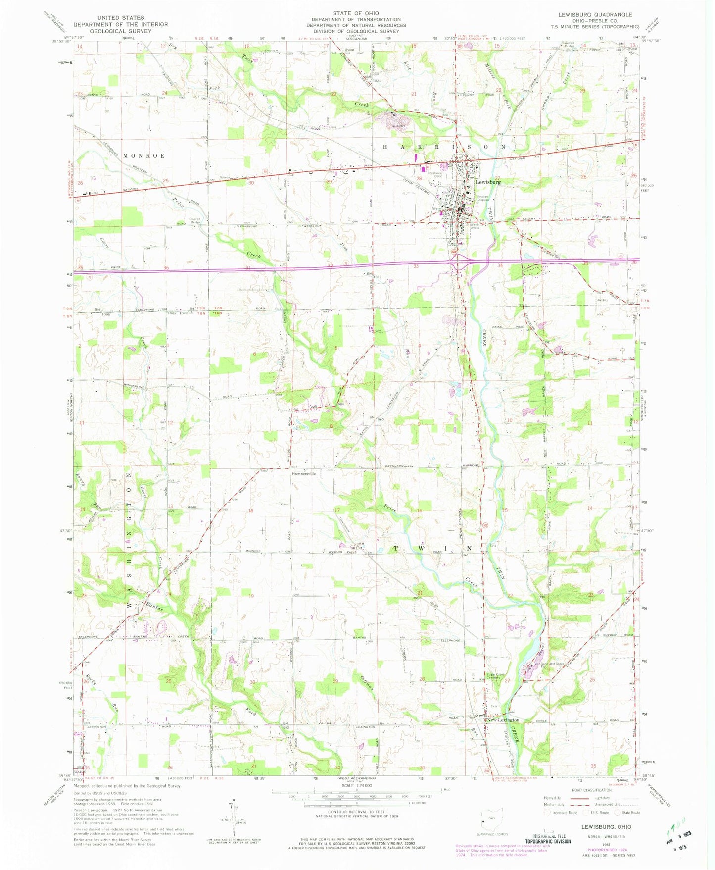 Classic USGS Lewisburg Ohio 7.5'x7.5' Topo Map Image