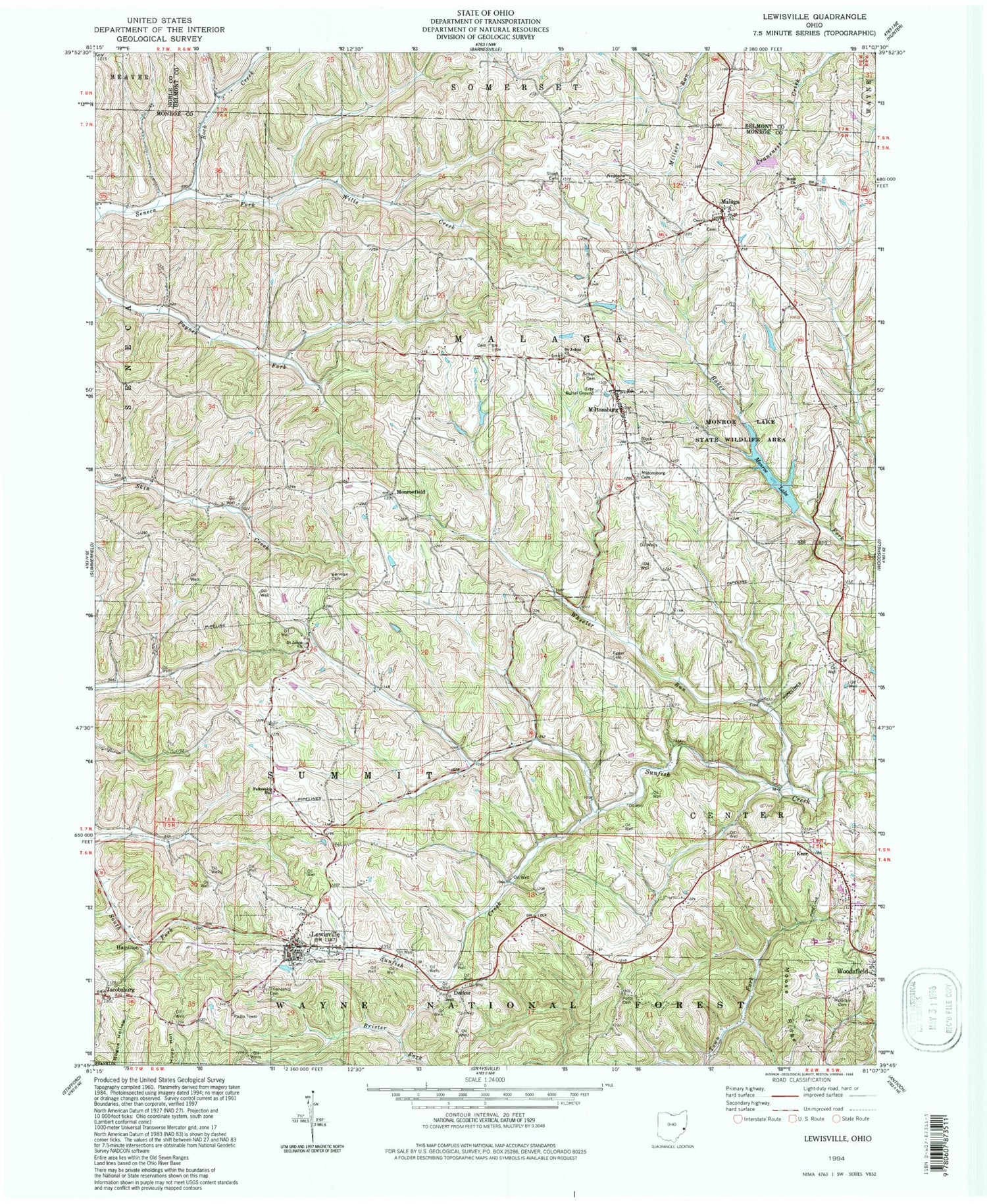 Classic USGS Lewisville Ohio 7.5'x7.5' Topo Map Image