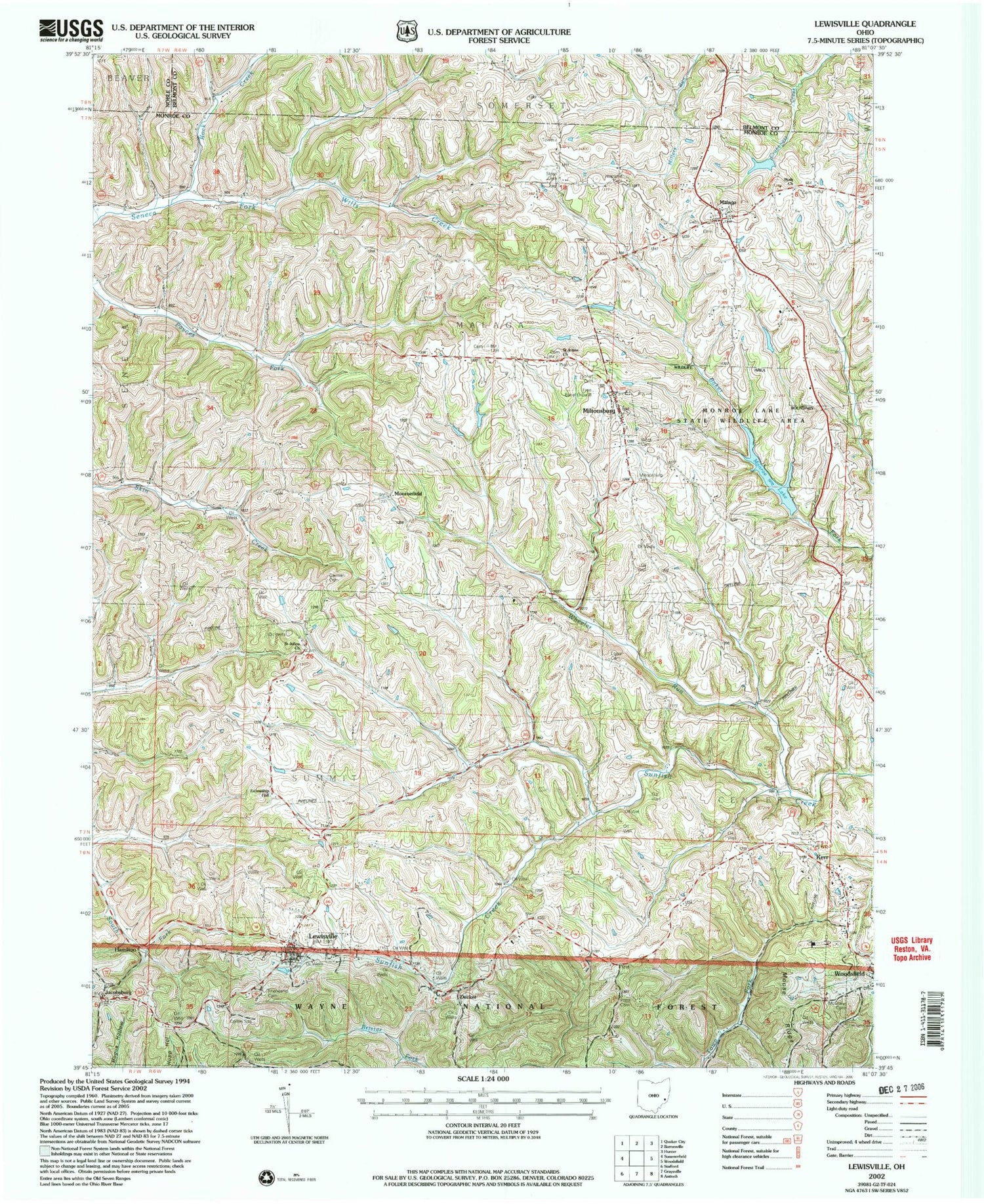 Classic USGS Lewisville Ohio 7.5'x7.5' Topo Map Image