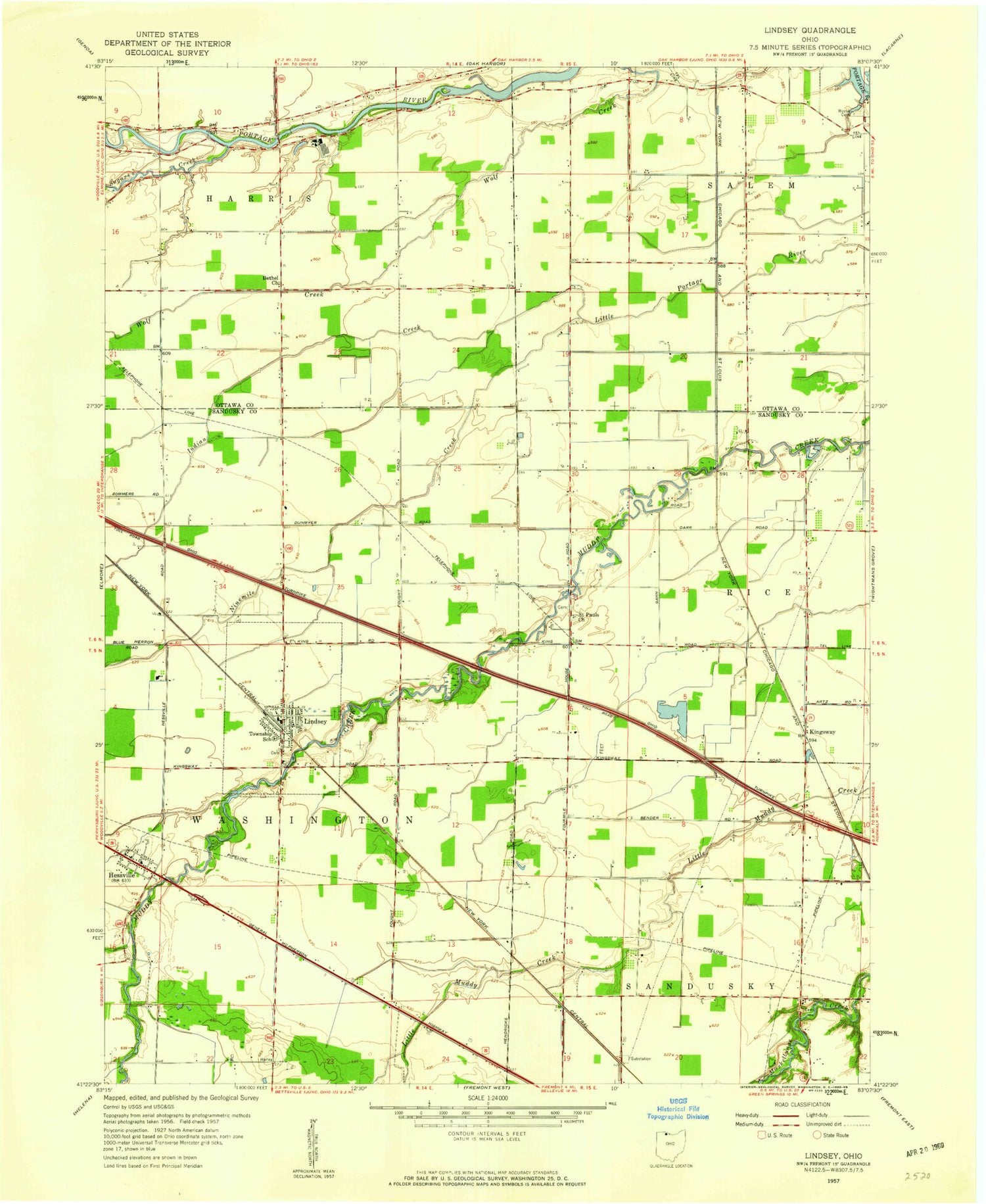 Classic USGS Lindsey Ohio 7.5'x7.5' Topo Map Image