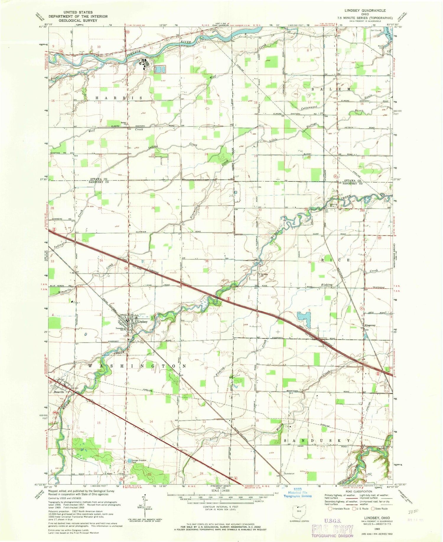 Classic USGS Lindsey Ohio 7.5'x7.5' Topo Map Image