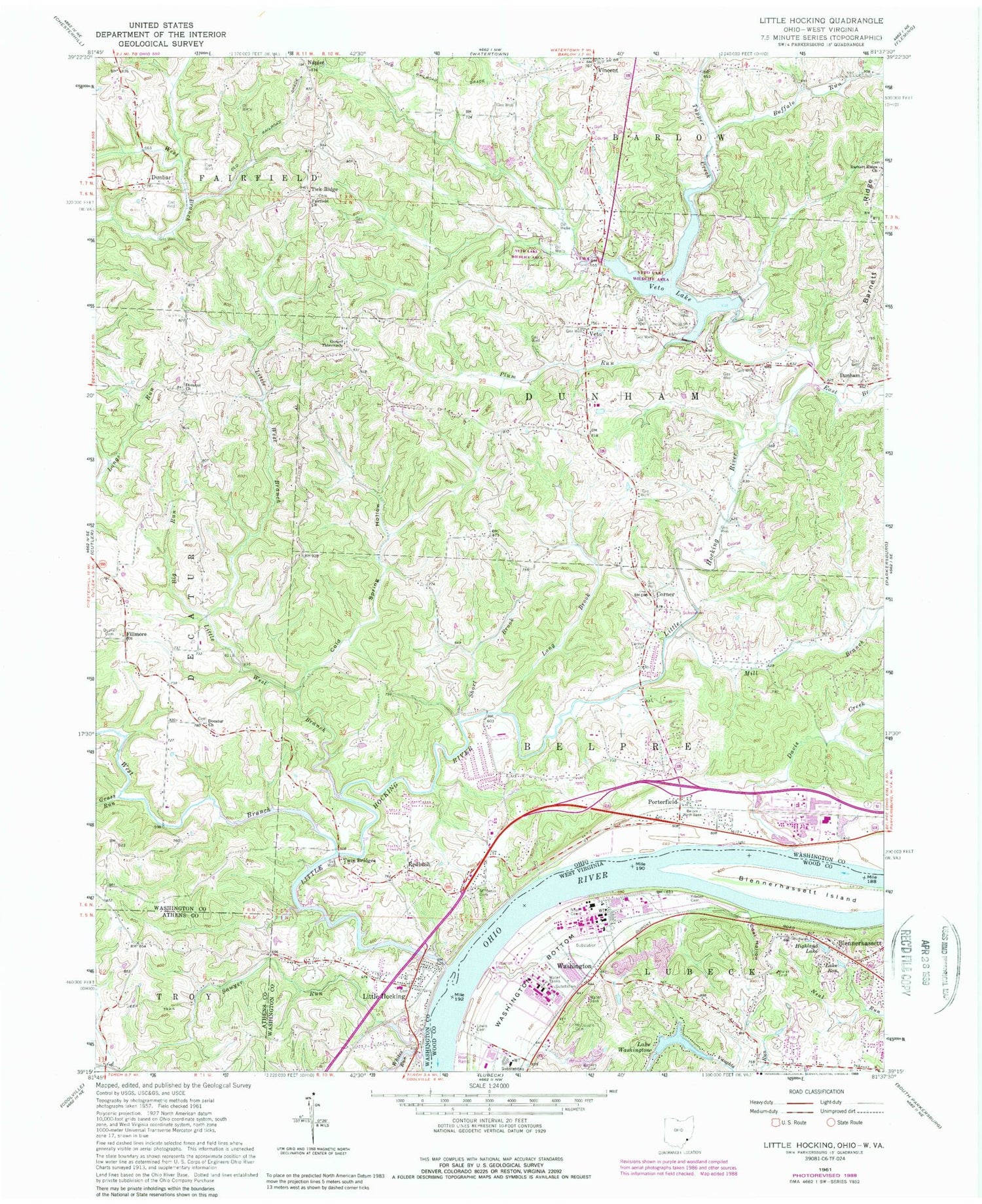 Classic USGS Little Hocking Ohio 7.5'x7.5' Topo Map Image