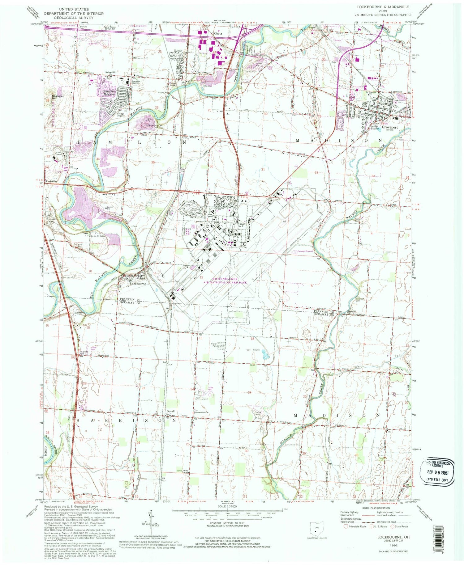 Classic USGS Lockbourne Ohio 7.5'x7.5' Topo Map Image