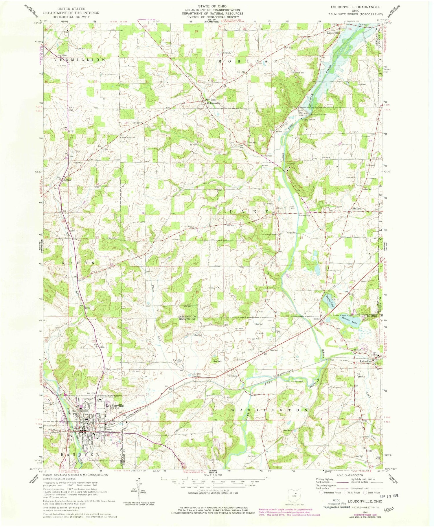 Classic USGS Loudonville Ohio 7.5'x7.5' Topo Map Image