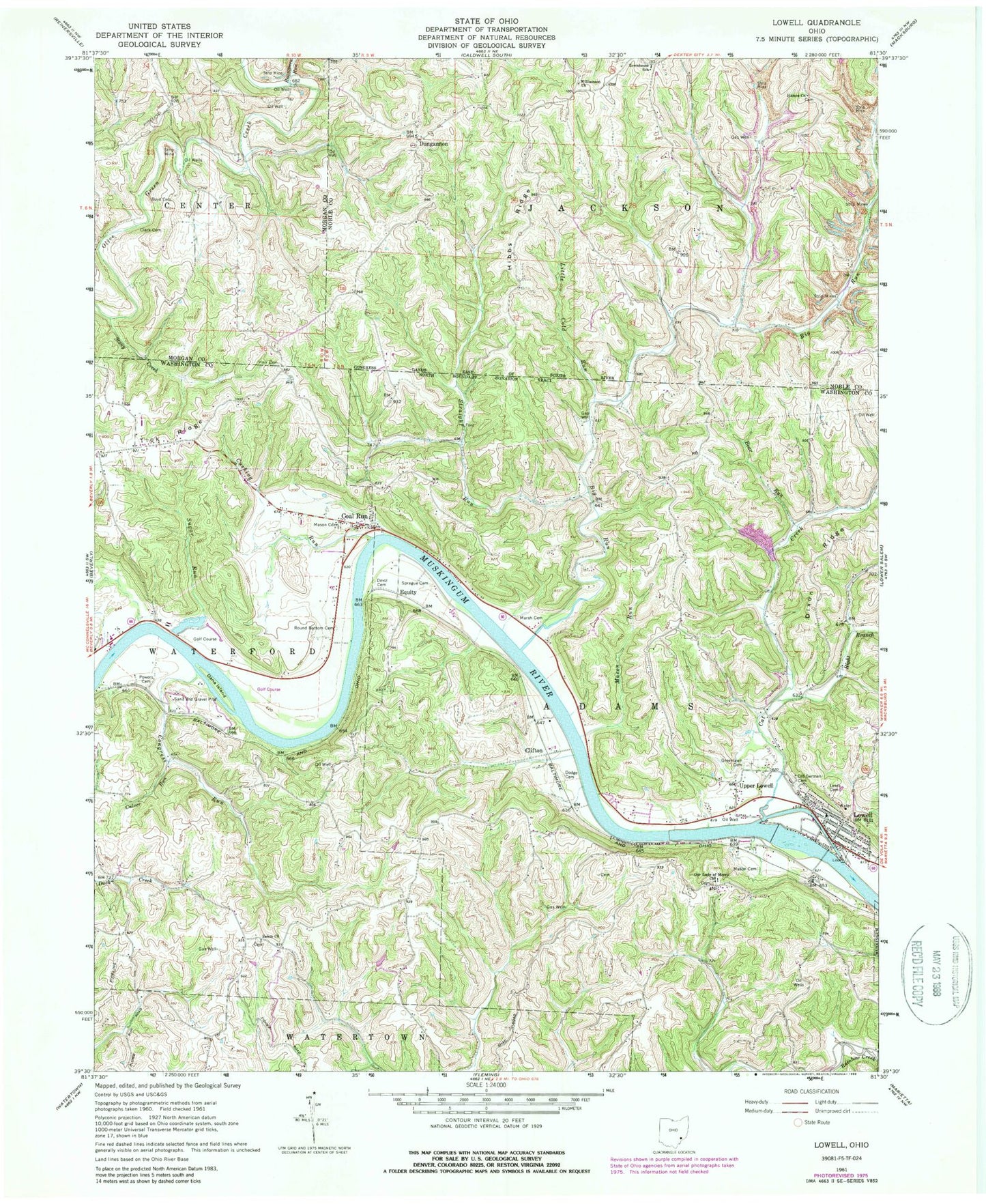 Classic USGS Lowell Ohio 7.5'x7.5' Topo Map Image
