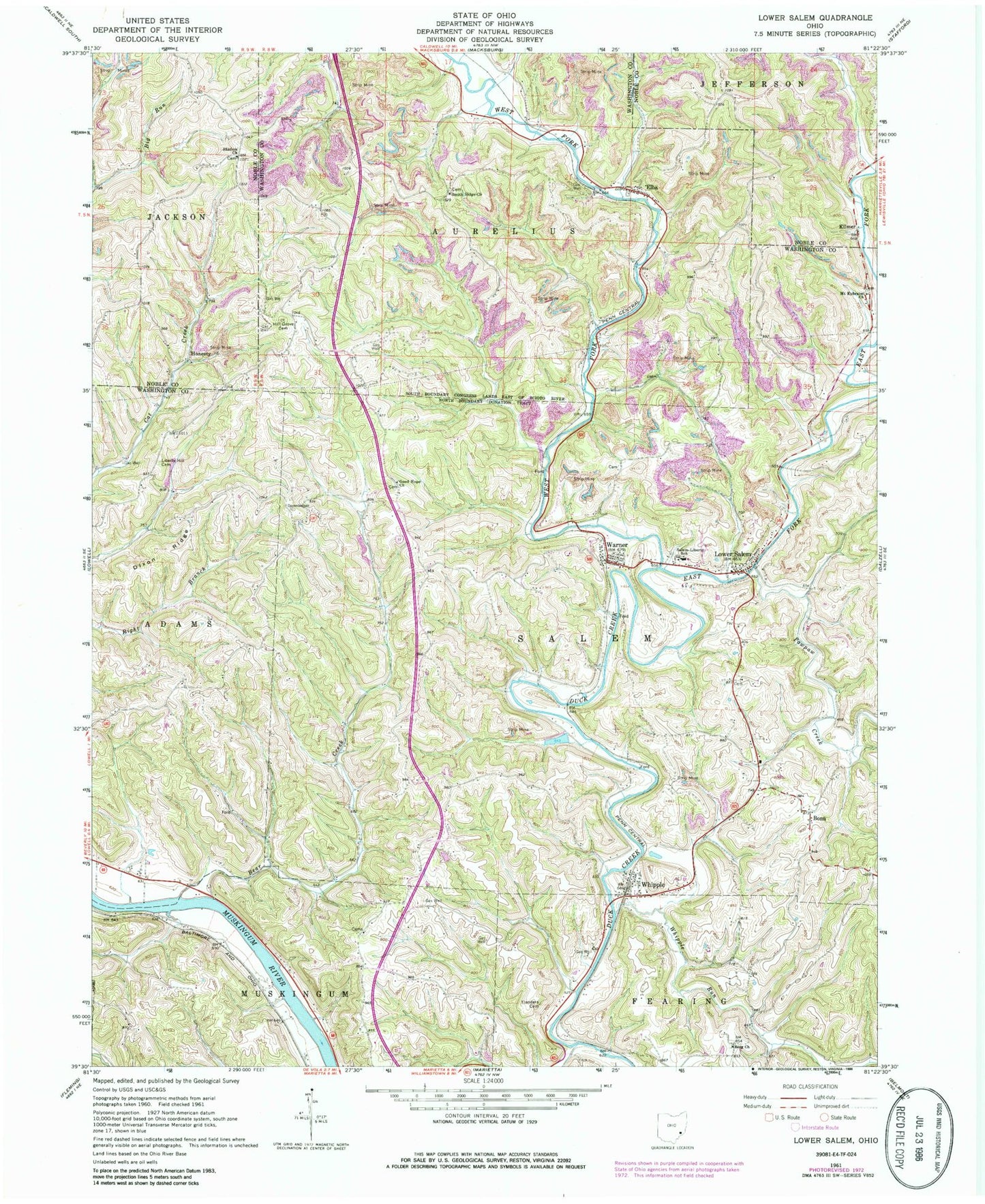 Classic USGS Lower Salem Ohio 7.5'x7.5' Topo Map Image