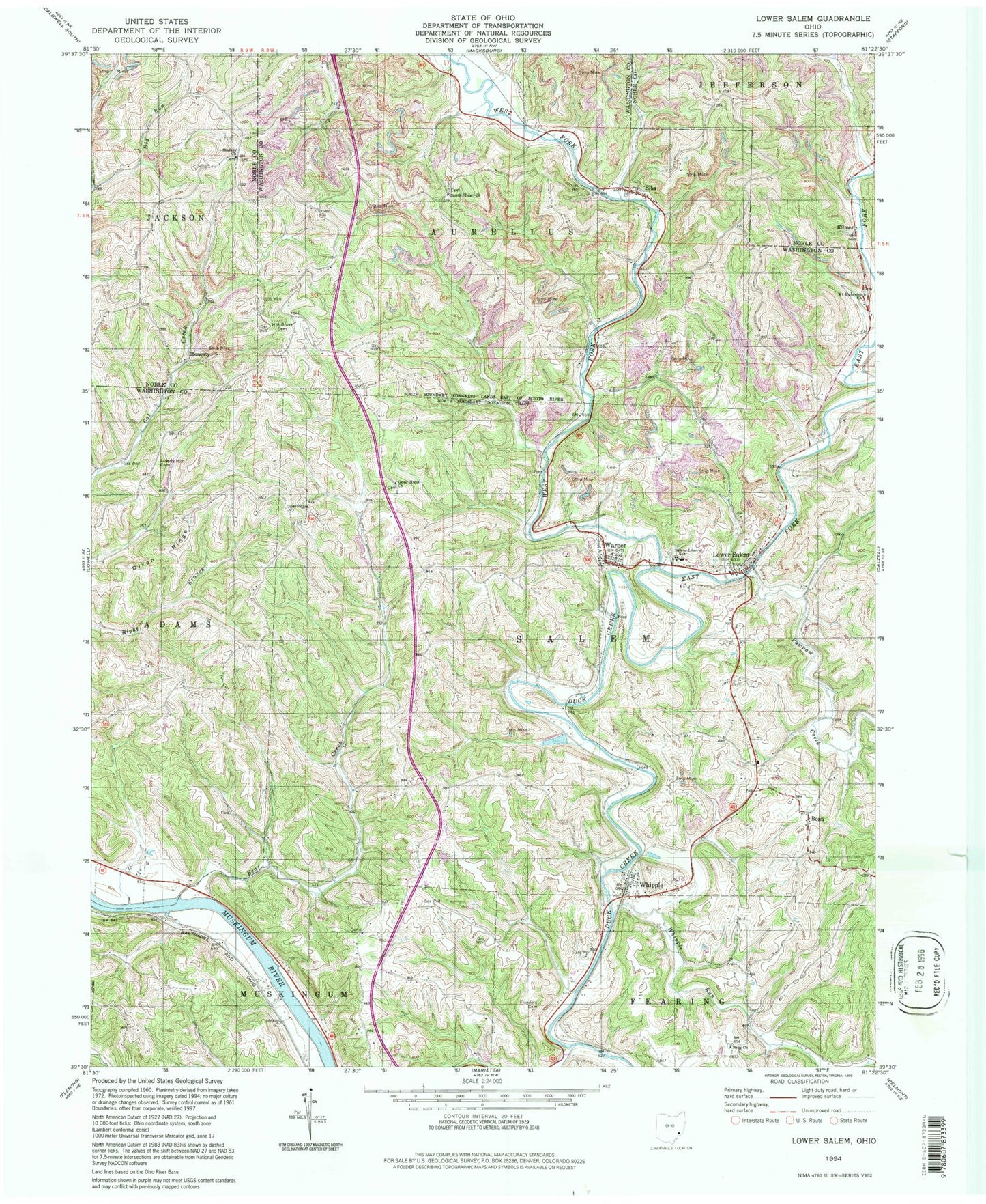 Classic USGS Lower Salem Ohio 7.5'x7.5' Topo Map Image