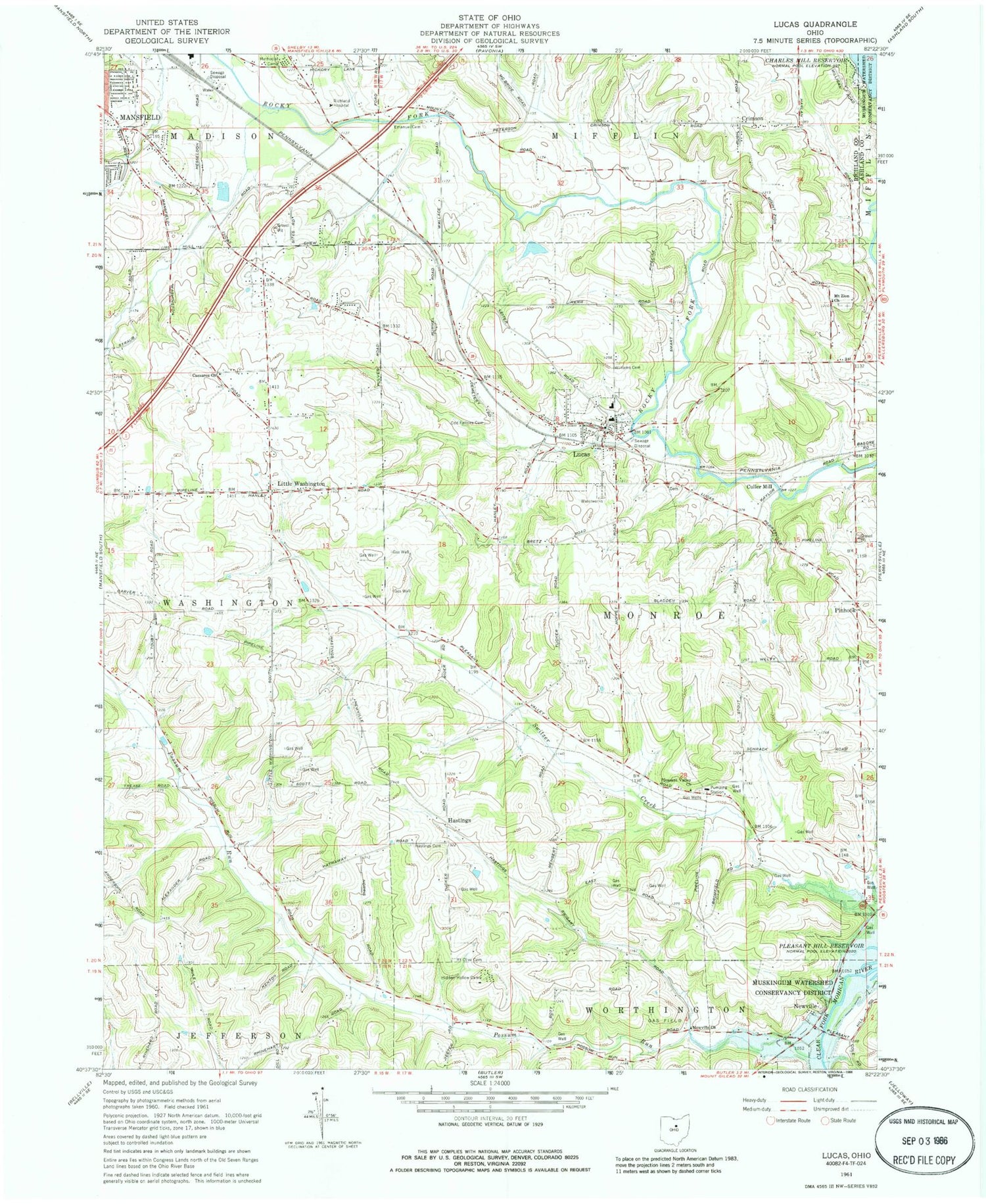 Classic USGS Lucas Ohio 7.5'x7.5' Topo Map Image