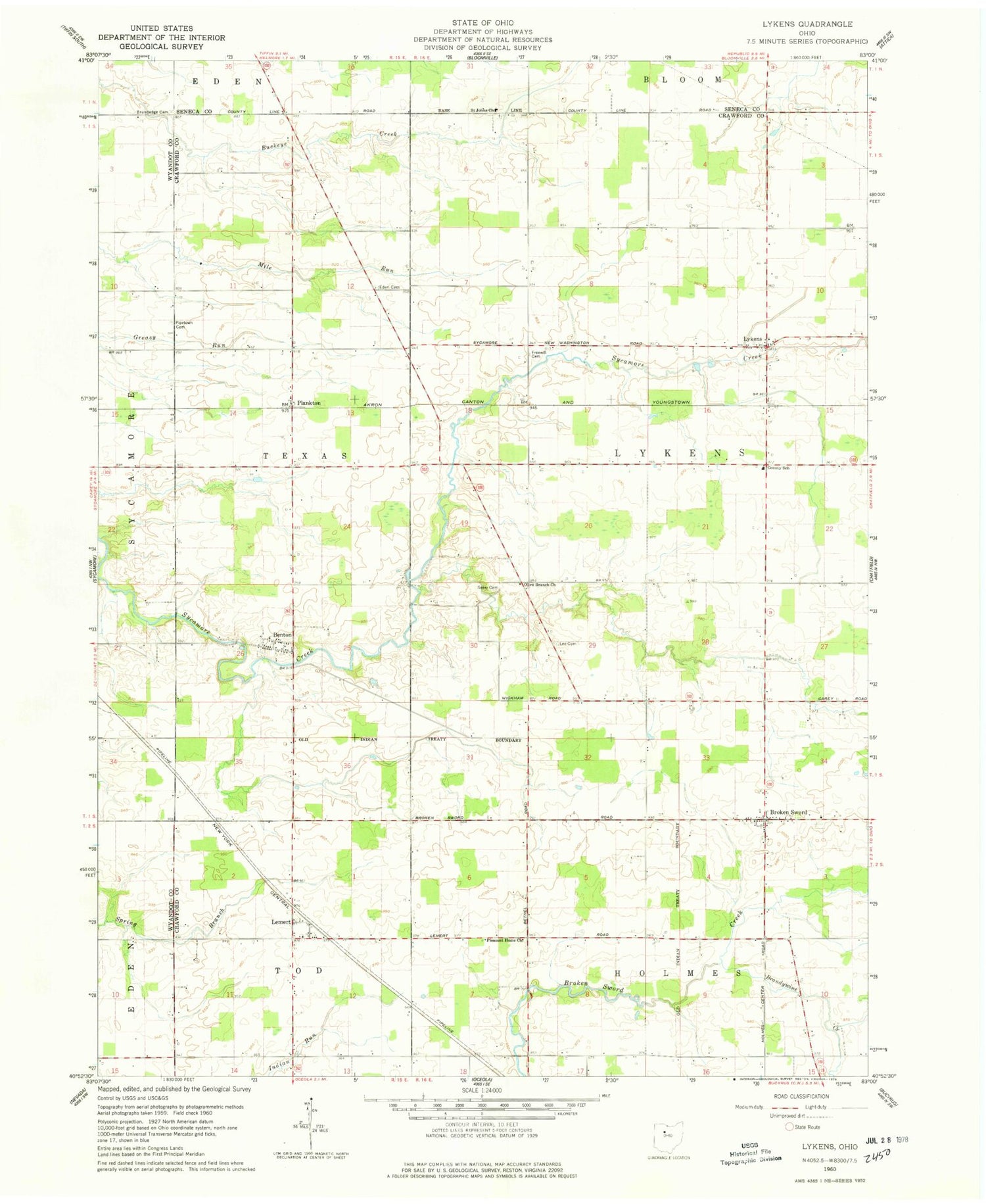 Classic USGS Lykens Ohio 7.5'x7.5' Topo Map Image