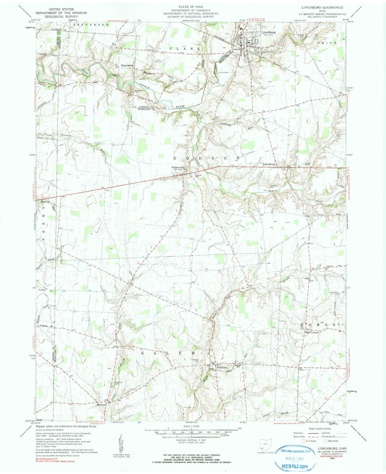 Classic USGS Lynchburg Ohio 7.5'x7.5' Topo Map Image