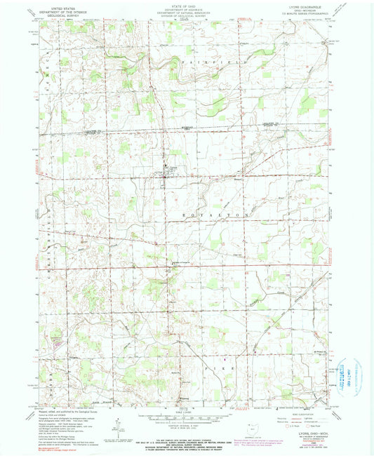 Classic USGS Lyons Ohio 7.5'x7.5' Topo Map Image