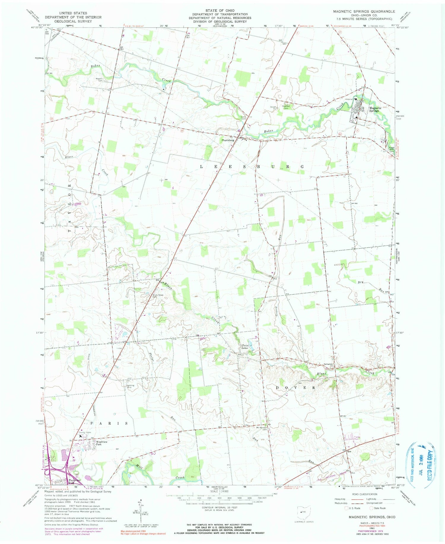 Classic USGS Magnetic Springs Ohio 7.5'x7.5' Topo Map Image