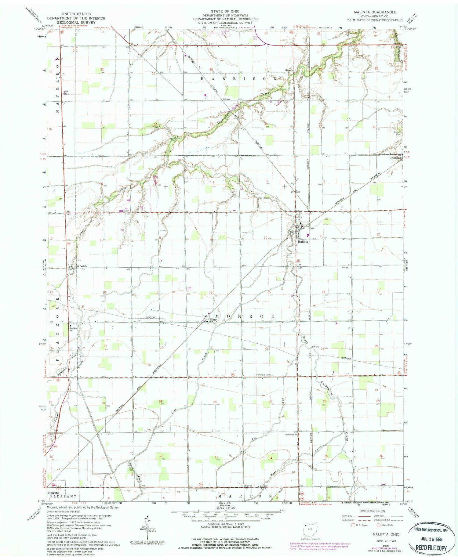 Classic USGS Malinta Ohio 7.5'x7.5' Topo Map Image