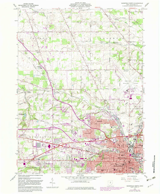Classic USGS Mansfield North Ohio 7.5'x7.5' Topo Map Image
