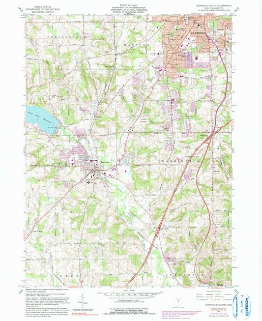 Classic USGS Mansfield South Ohio 7.5'x7.5' Topo Map Image