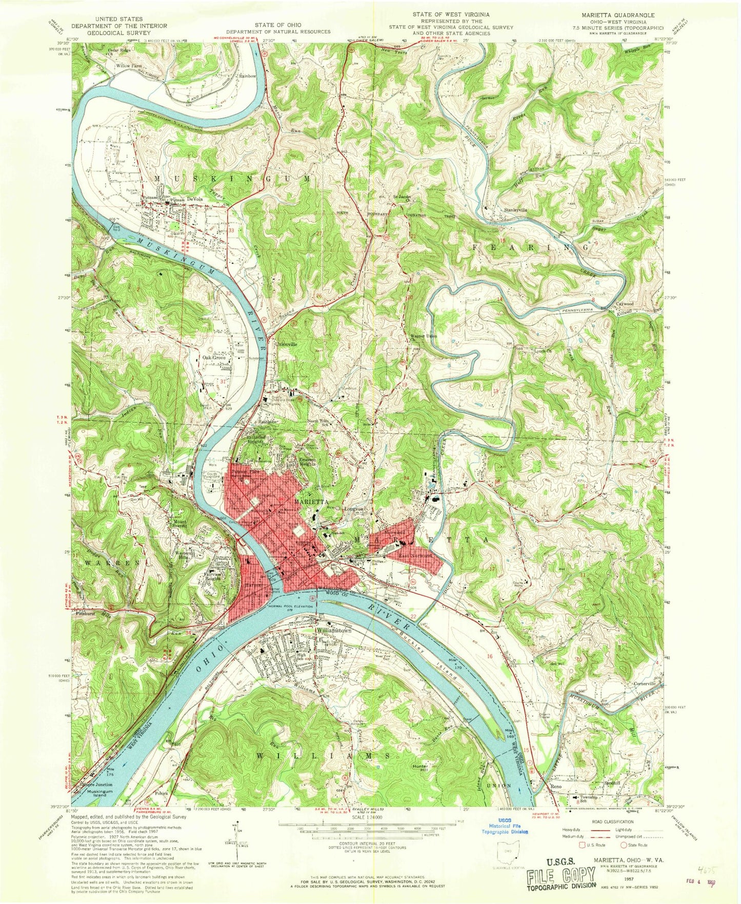 Classic USGS Marietta Ohio 7.5'x7.5' Topo Map Image