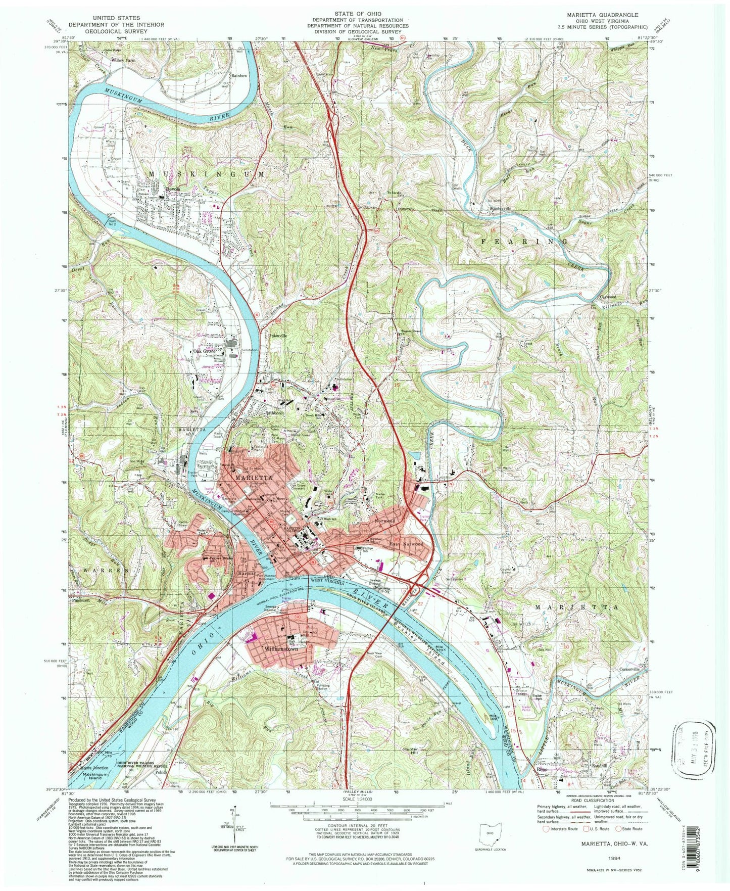 Classic USGS Marietta Ohio 7.5'x7.5' Topo Map Image