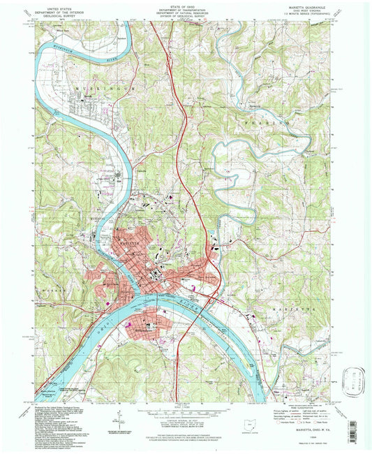 Classic USGS Marietta Ohio 7.5'x7.5' Topo Map Image