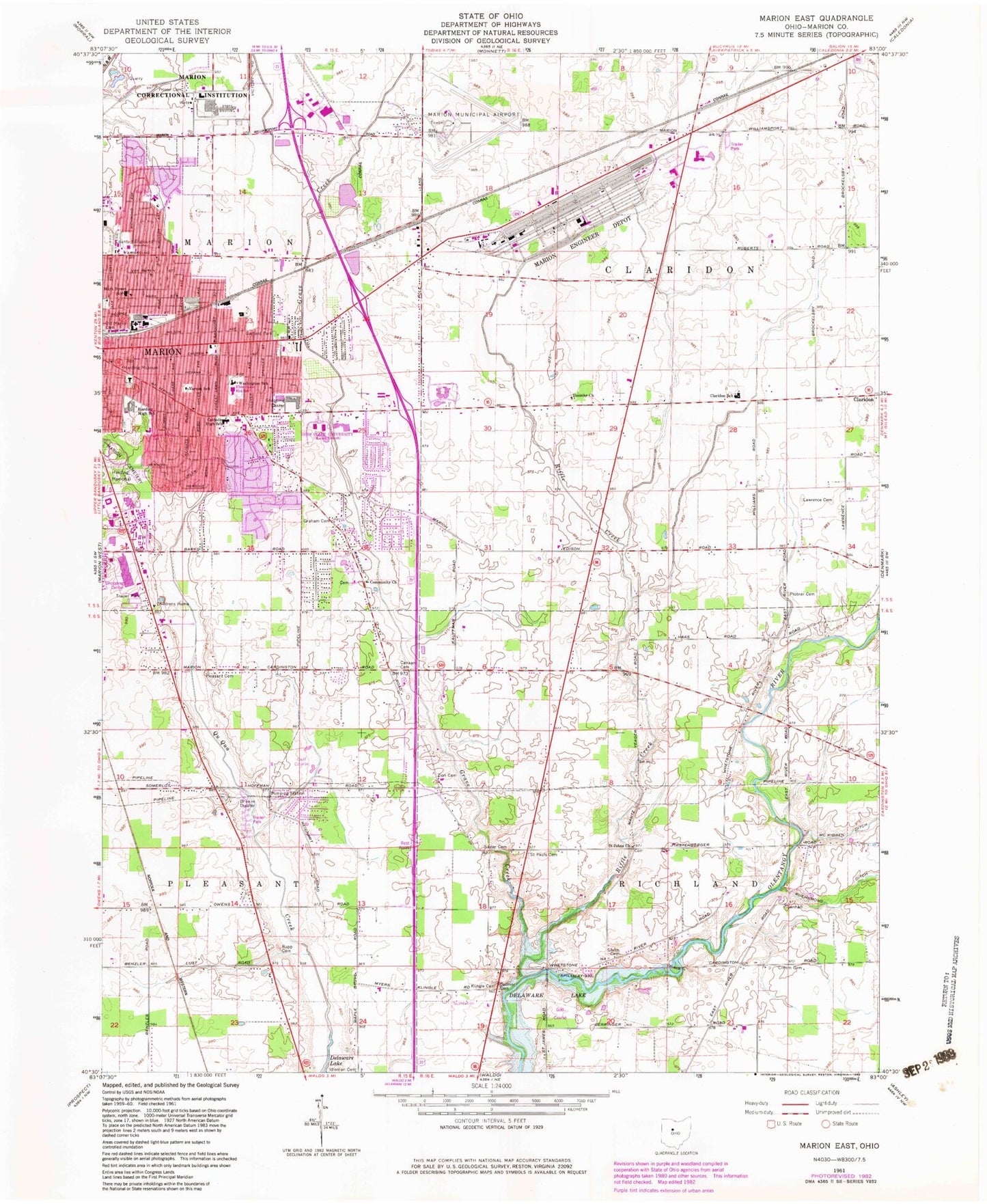 Classic USGS Marion East Ohio 7.5'x7.5' Topo Map Image