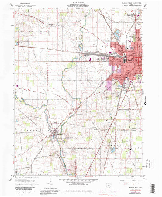 Classic USGS Marion West Ohio 7.5'x7.5' Topo Map Image
