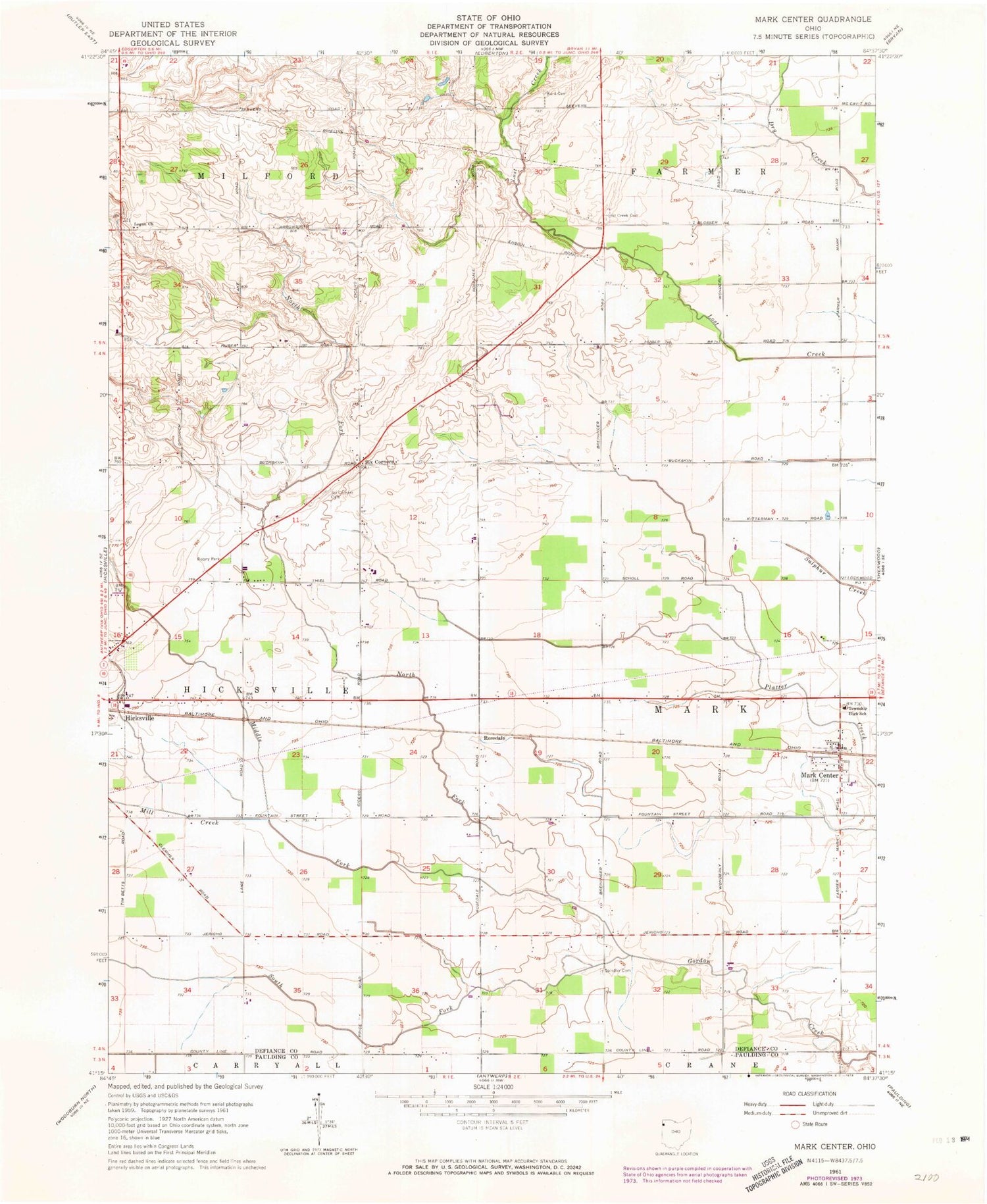 Classic USGS Mark Center Ohio 7.5'x7.5' Topo Map Image