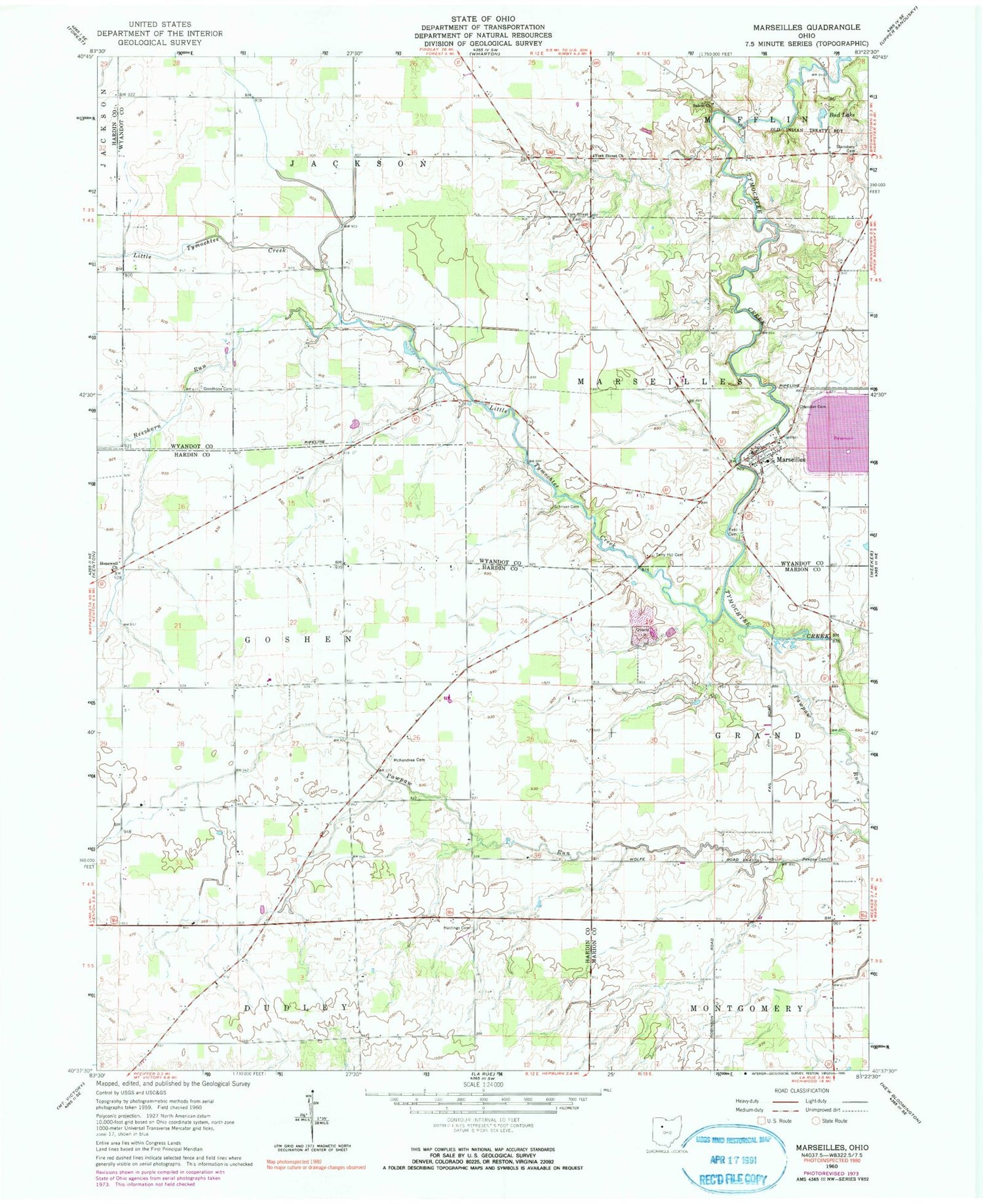 Classic USGS Marseilles Ohio 7.5'x7.5' Topo Map Image