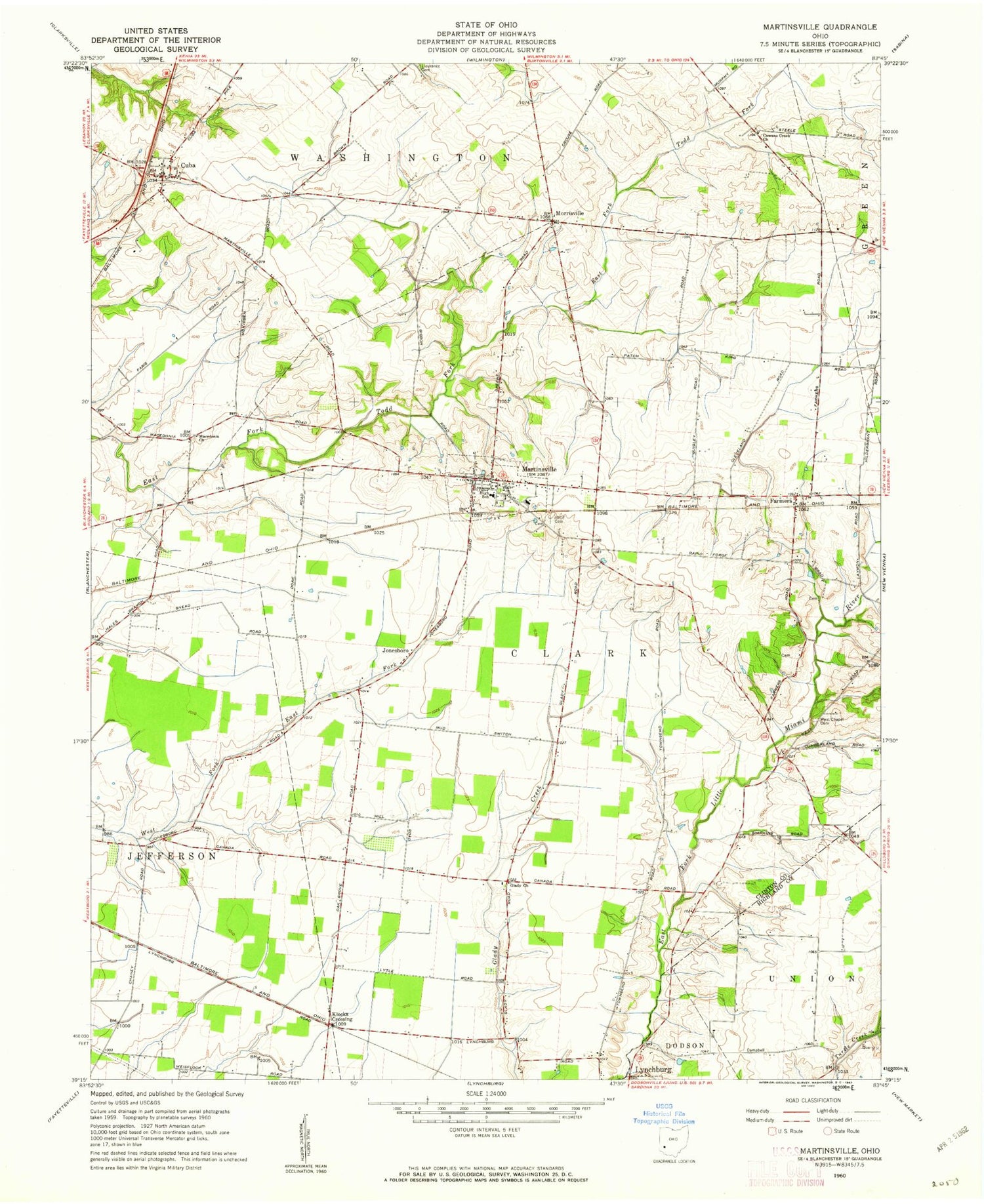 Classic USGS Martinsville Ohio 7.5'x7.5' Topo Map Image