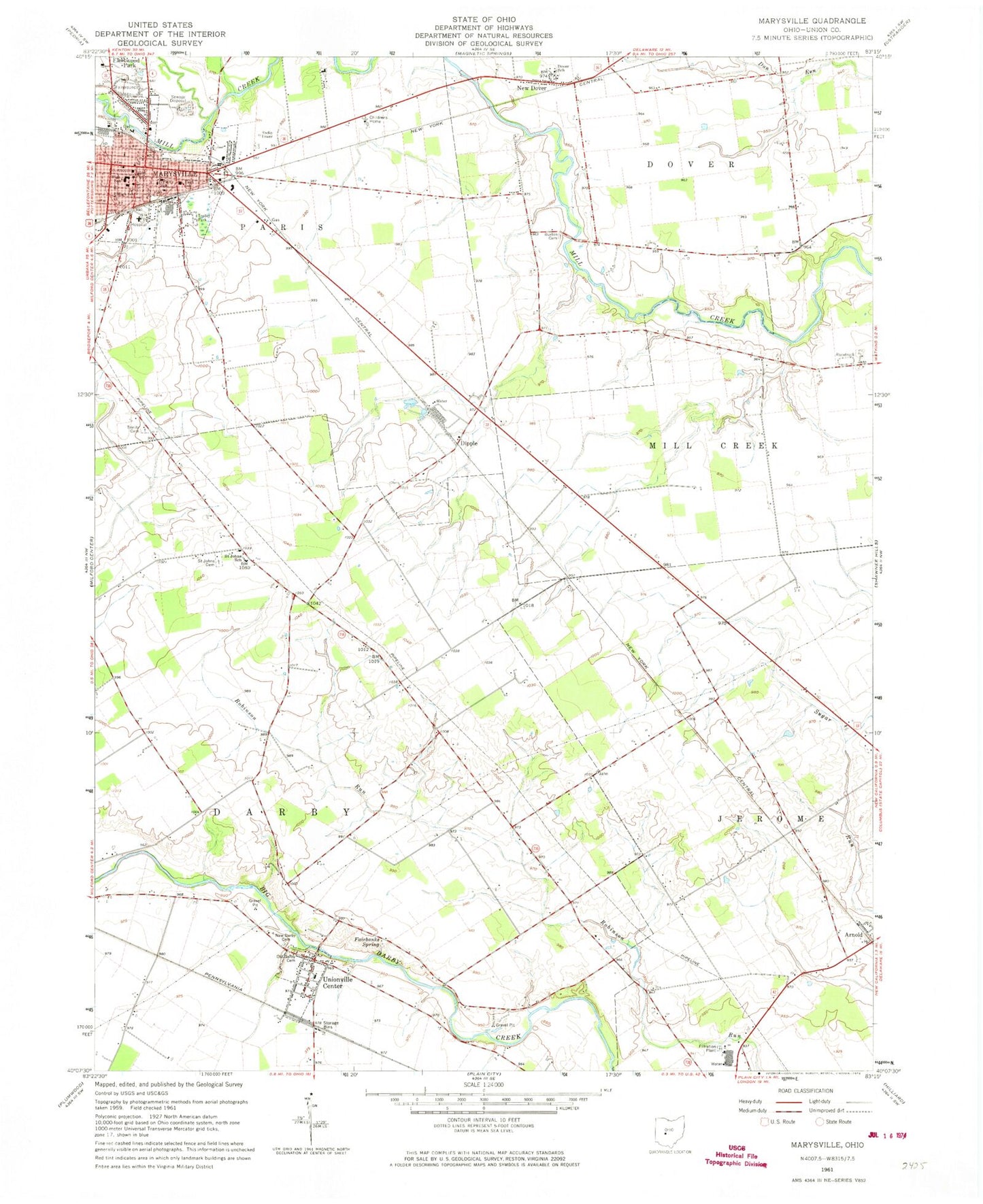 Classic USGS Marysville Ohio 7.5'x7.5' Topo Map Image