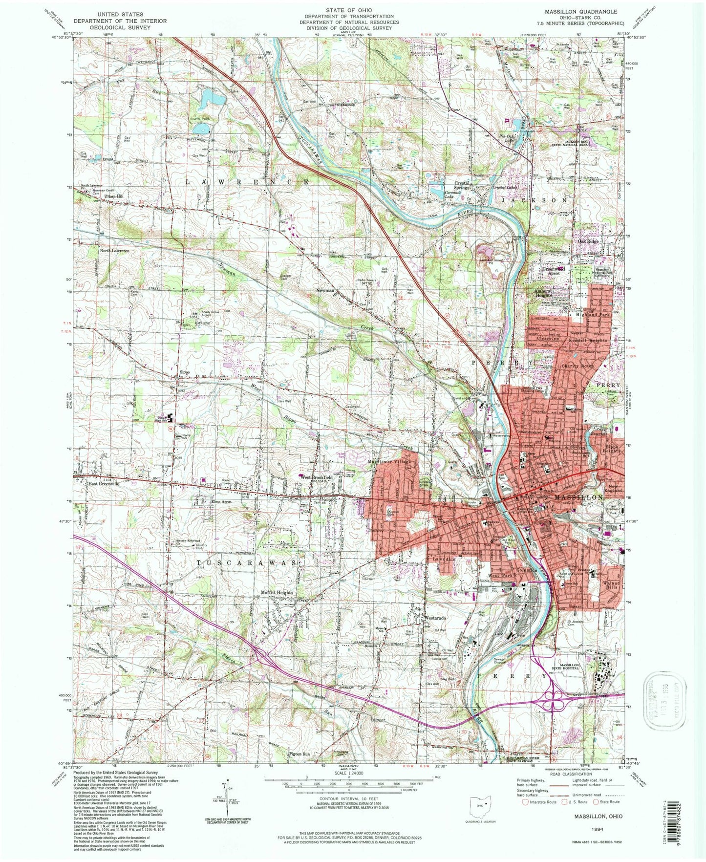 Classic USGS Massillon Ohio 7.5'x7.5' Topo Map Image