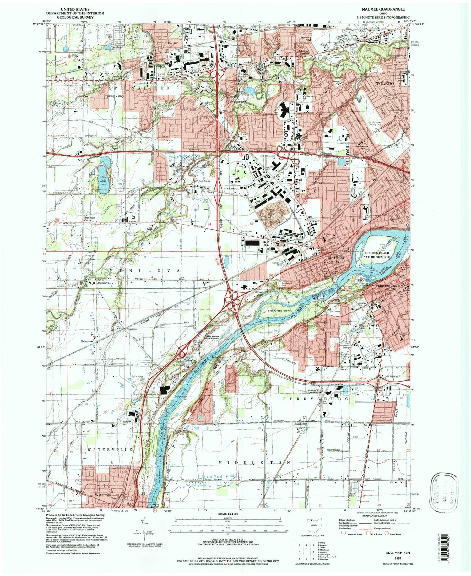 Classic USGS Maumee Ohio 7.5'x7.5' Topo Map Image