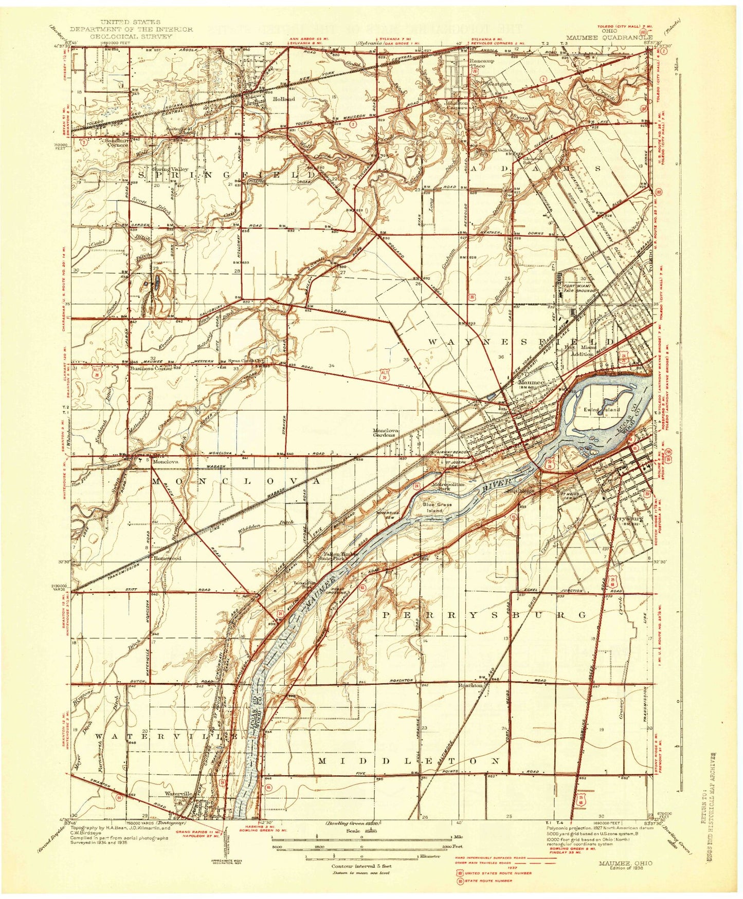 Classic USGS Maumee Ohio 7.5'x7.5' Topo Map Image