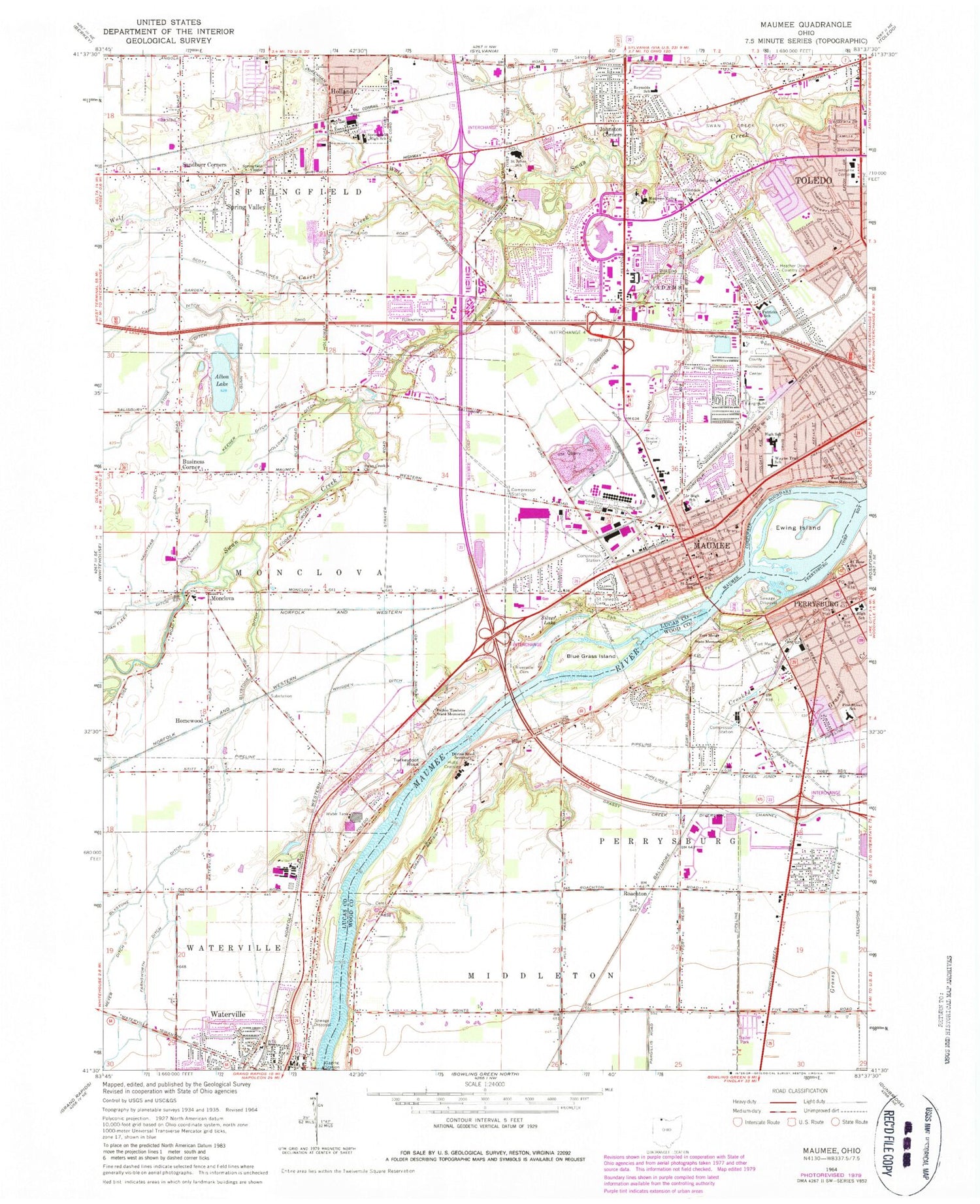 Classic USGS Maumee Ohio 7.5'x7.5' Topo Map Image