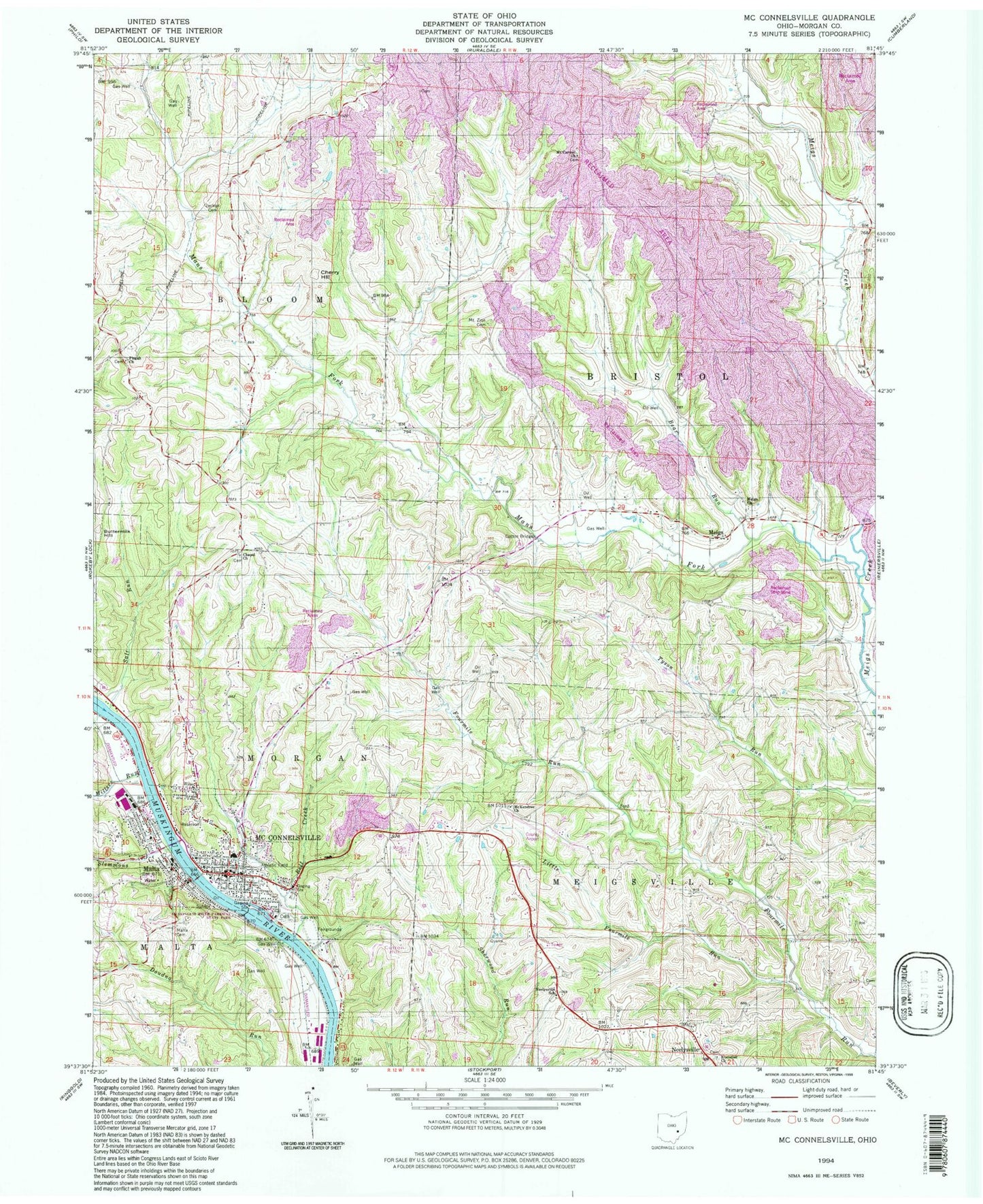 Classic USGS McConnelsville Ohio 7.5'x7.5' Topo Map Image