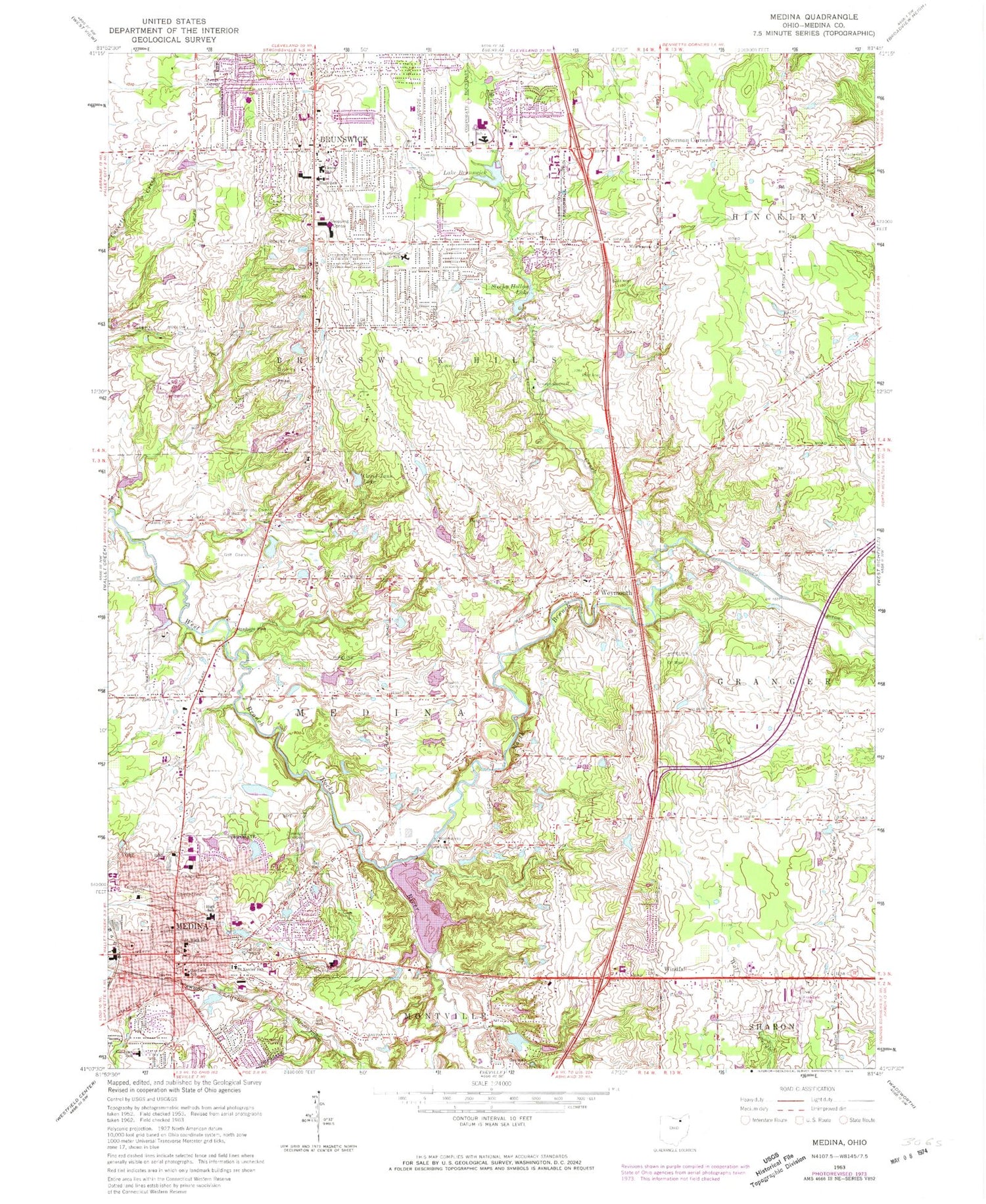 Classic USGS Medina Ohio 7.5'x7.5' Topo Map Image