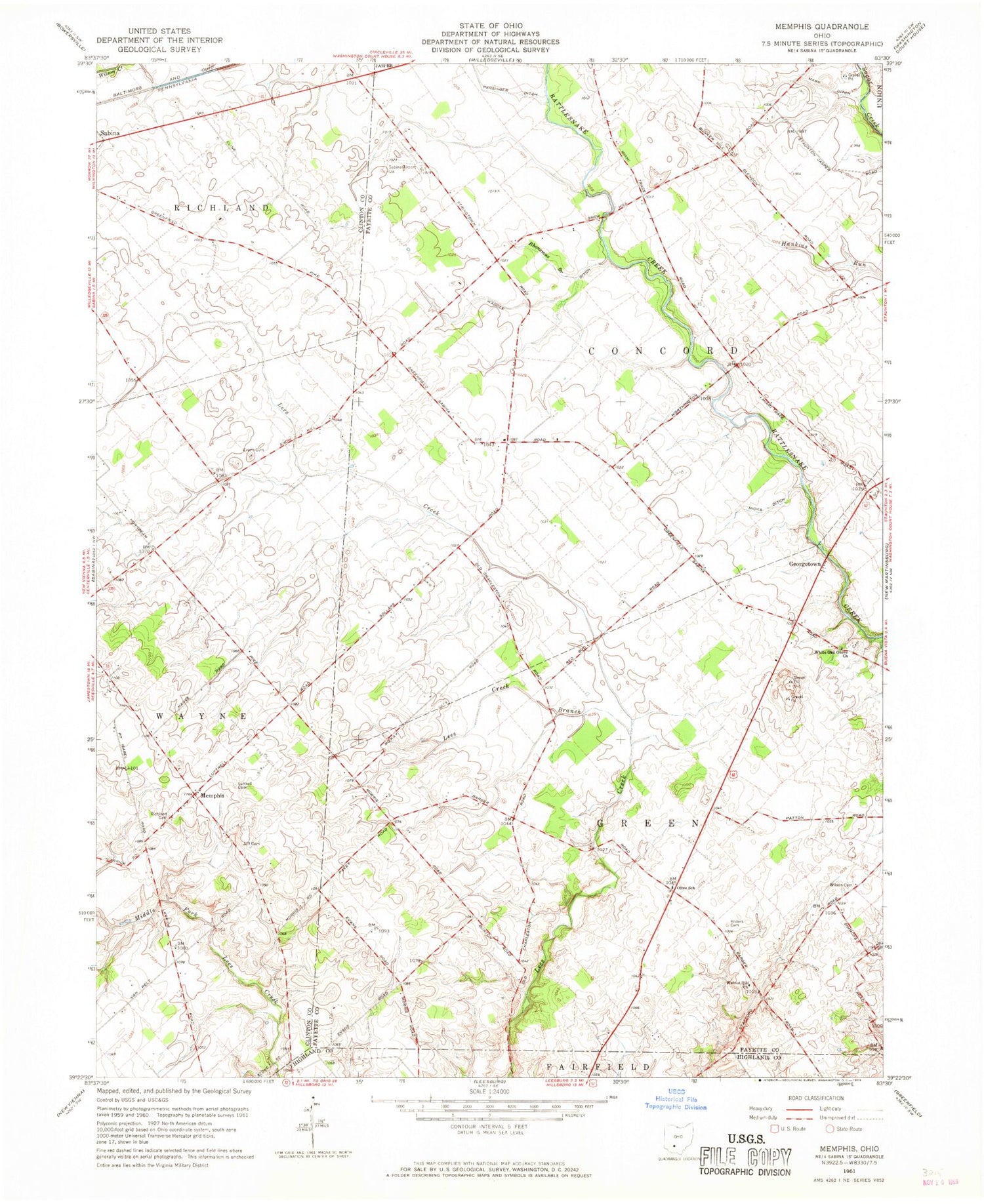 Classic USGS Memphis Ohio 7.5'x7.5' Topo Map Image
