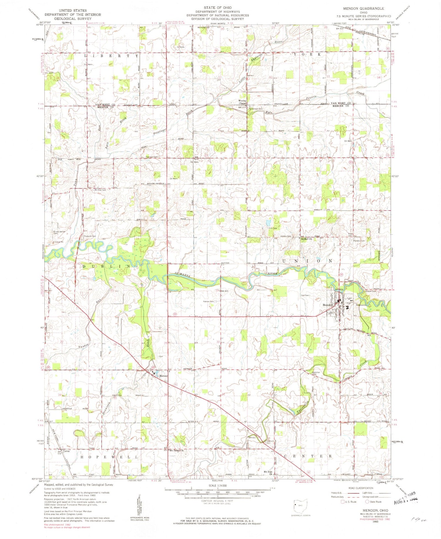 Classic USGS Mendon Ohio 7.5'x7.5' Topo Map Image