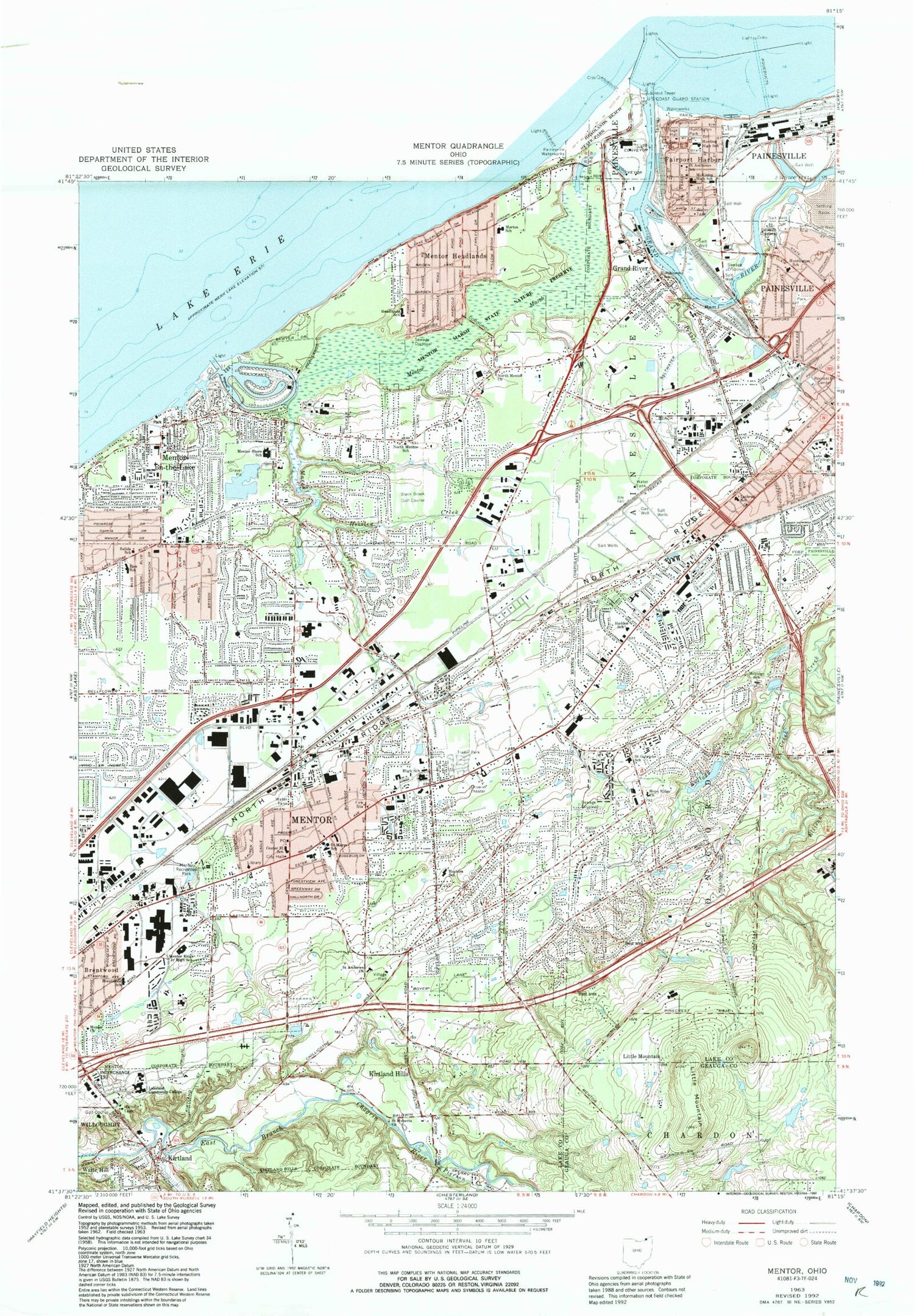 Classic USGS Mentor Ohio 7.5'x7.5' Topo Map Image