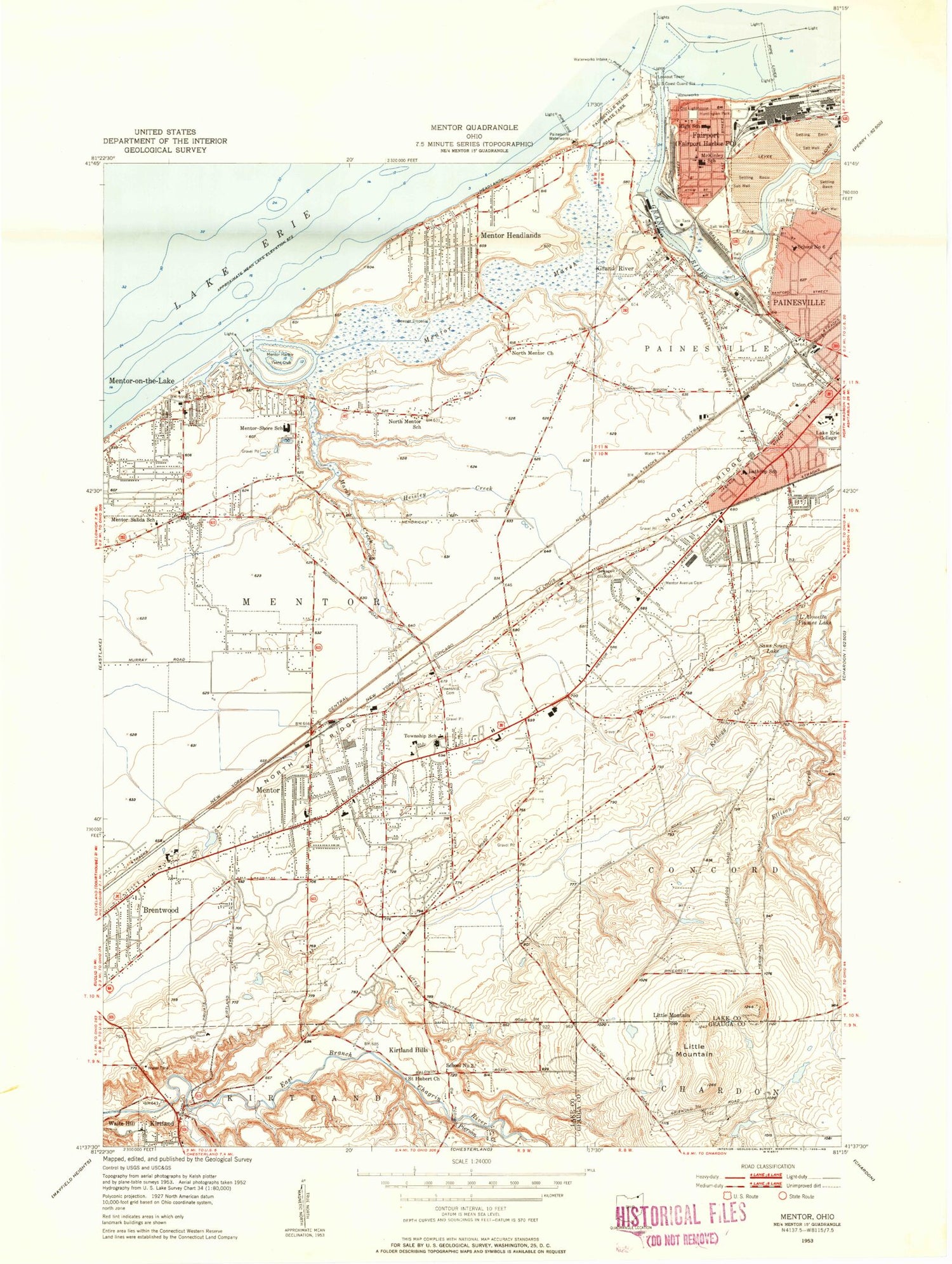 Classic USGS Mentor Ohio 7.5'x7.5' Topo Map Image