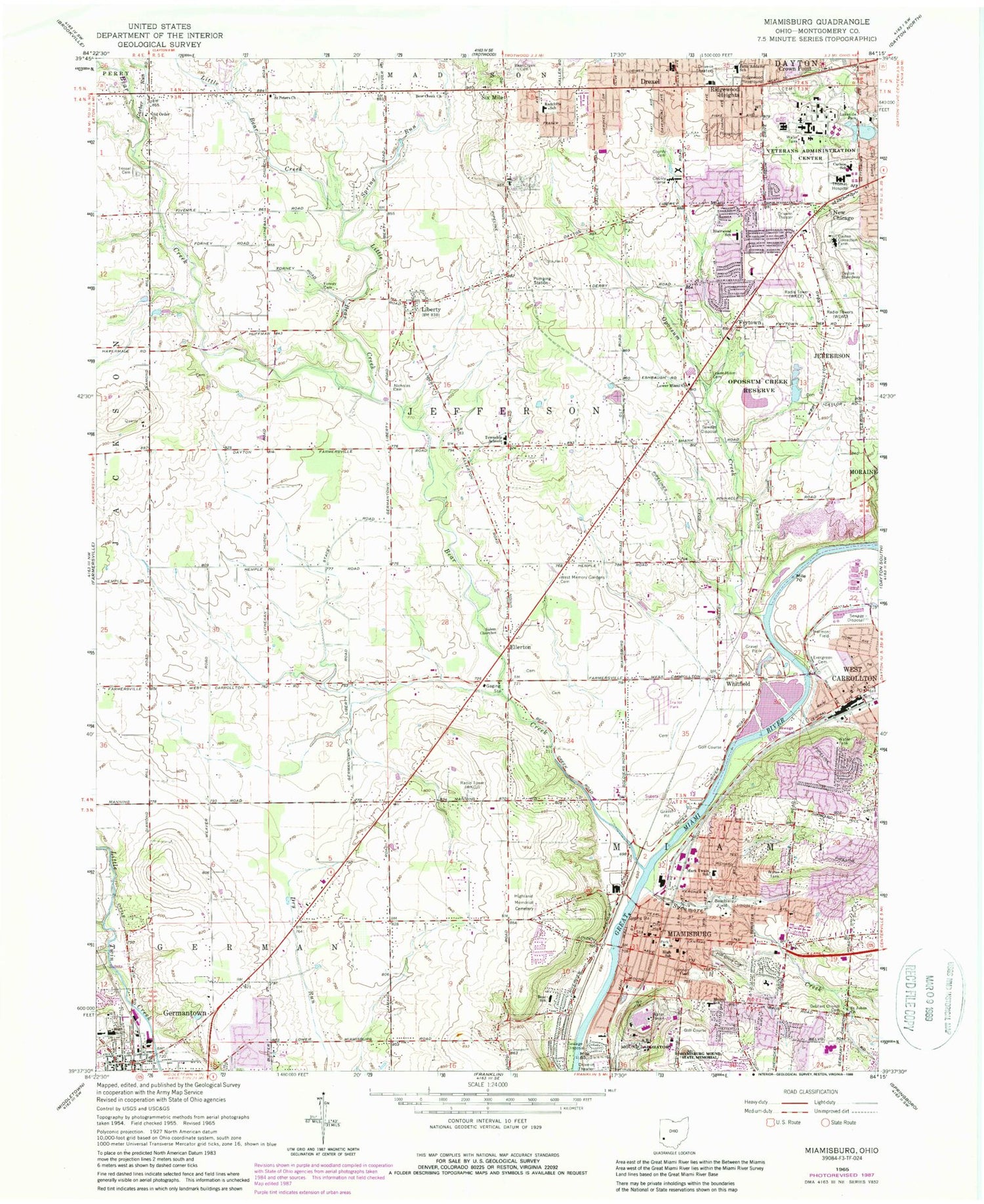 Classic USGS Miamisburg Ohio 7.5'x7.5' Topo Map Image