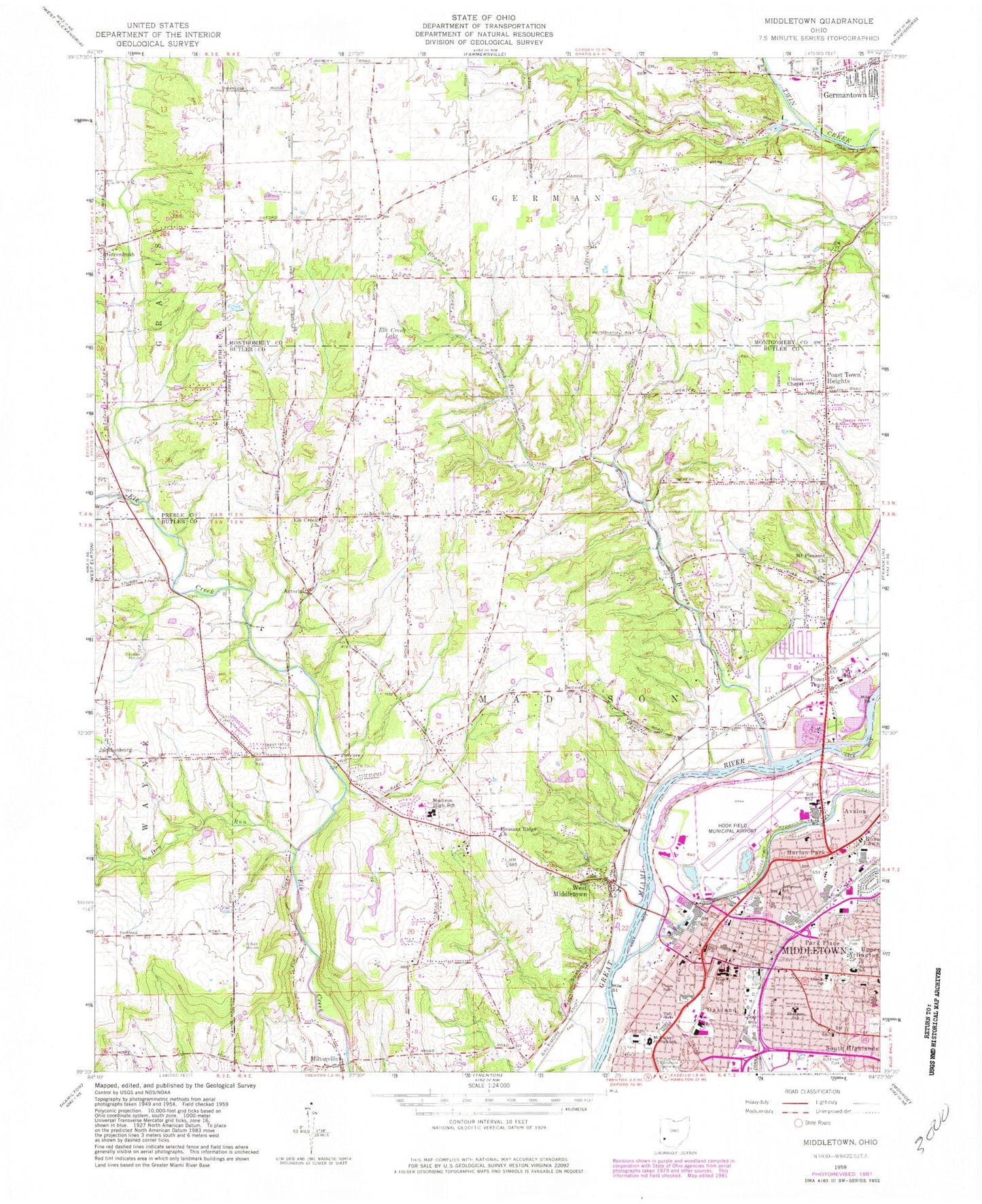 Classic USGS Middletown Ohio 7.5'x7.5' Topo Map Image