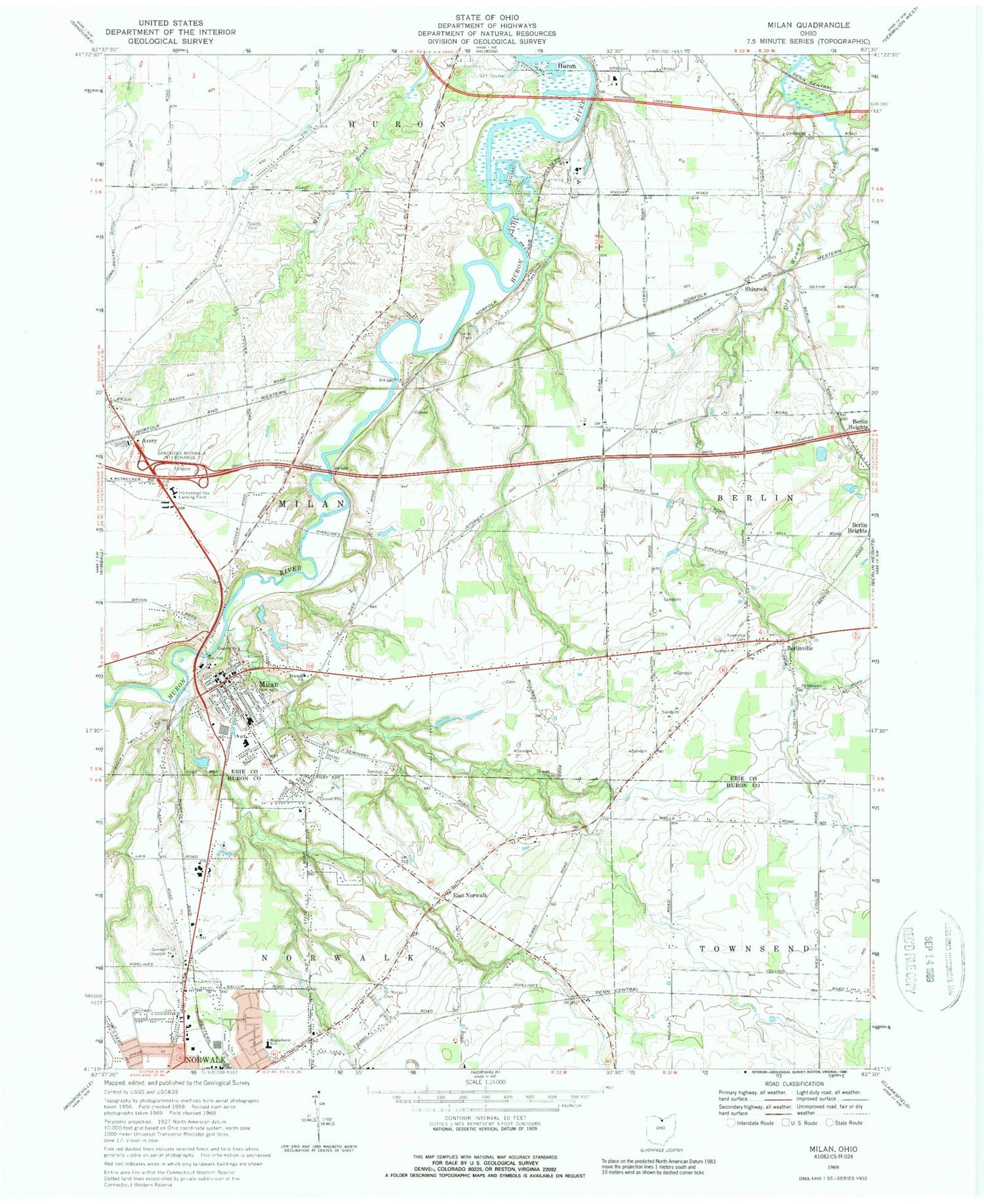 Classic USGS Milan Ohio 7.5'x7.5' Topo Map Image