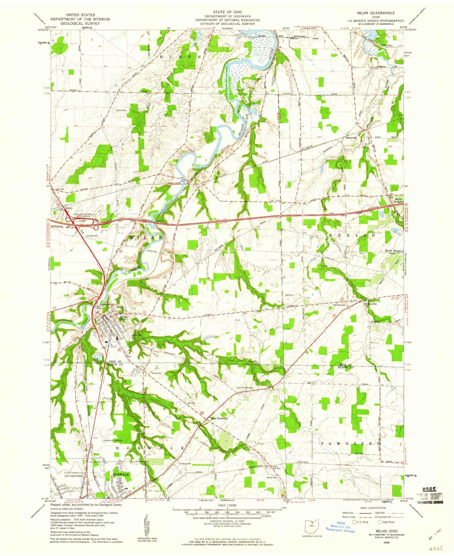 Classic USGS Milan Ohio 7.5'x7.5' Topo Map Image
